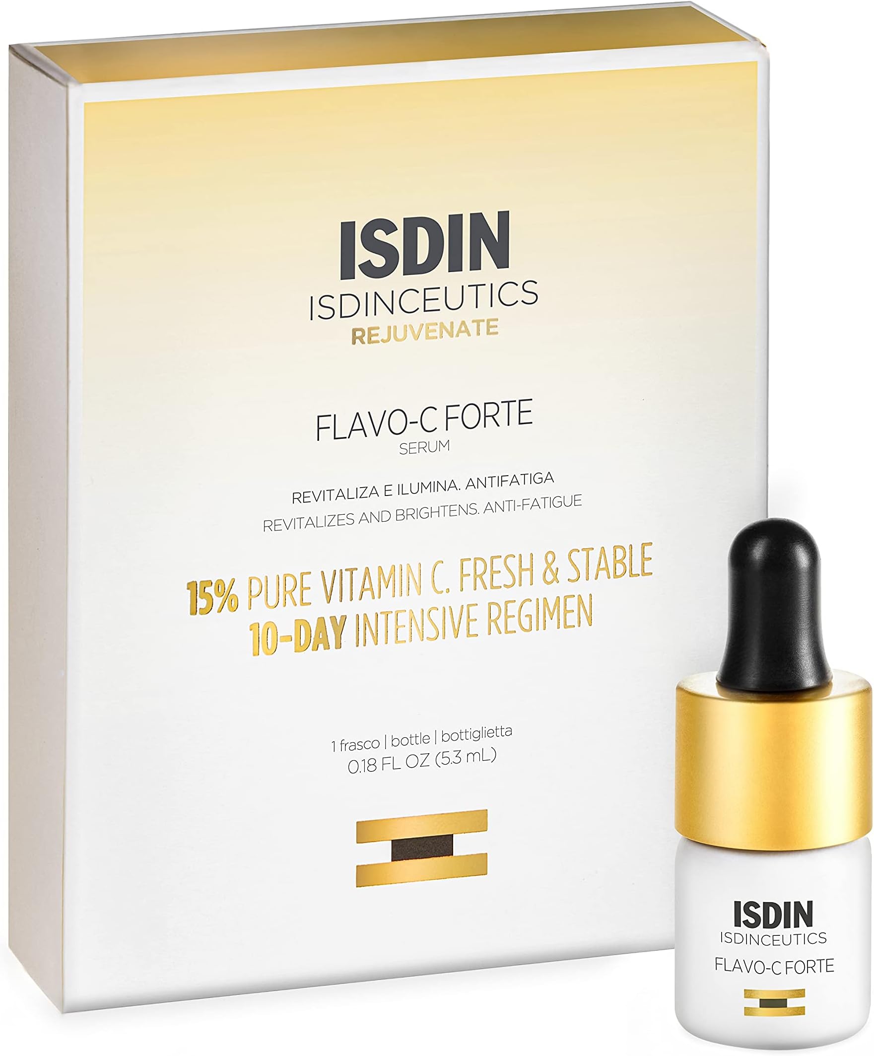 Isdinceutics Flavo-C Forte (1 ampoule) | Intensive facial serum with 15 Percent pure and fresh vitamin C that revitalizes, brightens and helps reduce the signs of skin fatigue