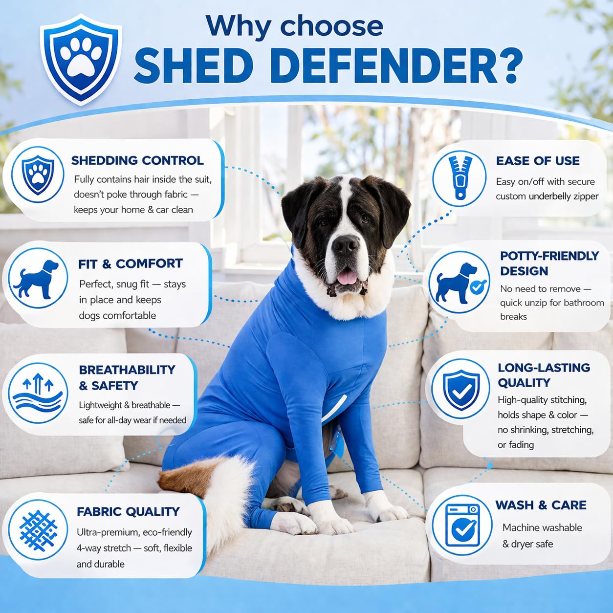 Shed Defender Body Suit for Dogs – Original –Anti Shedding Shirt, Reduce Dog Hair, Dog Onesie Surgery Recovery Suit, Anxiety, Calming, Car Seat Cover, E-Collar, Hot Spots, Jumpsuit(Nero, XL)