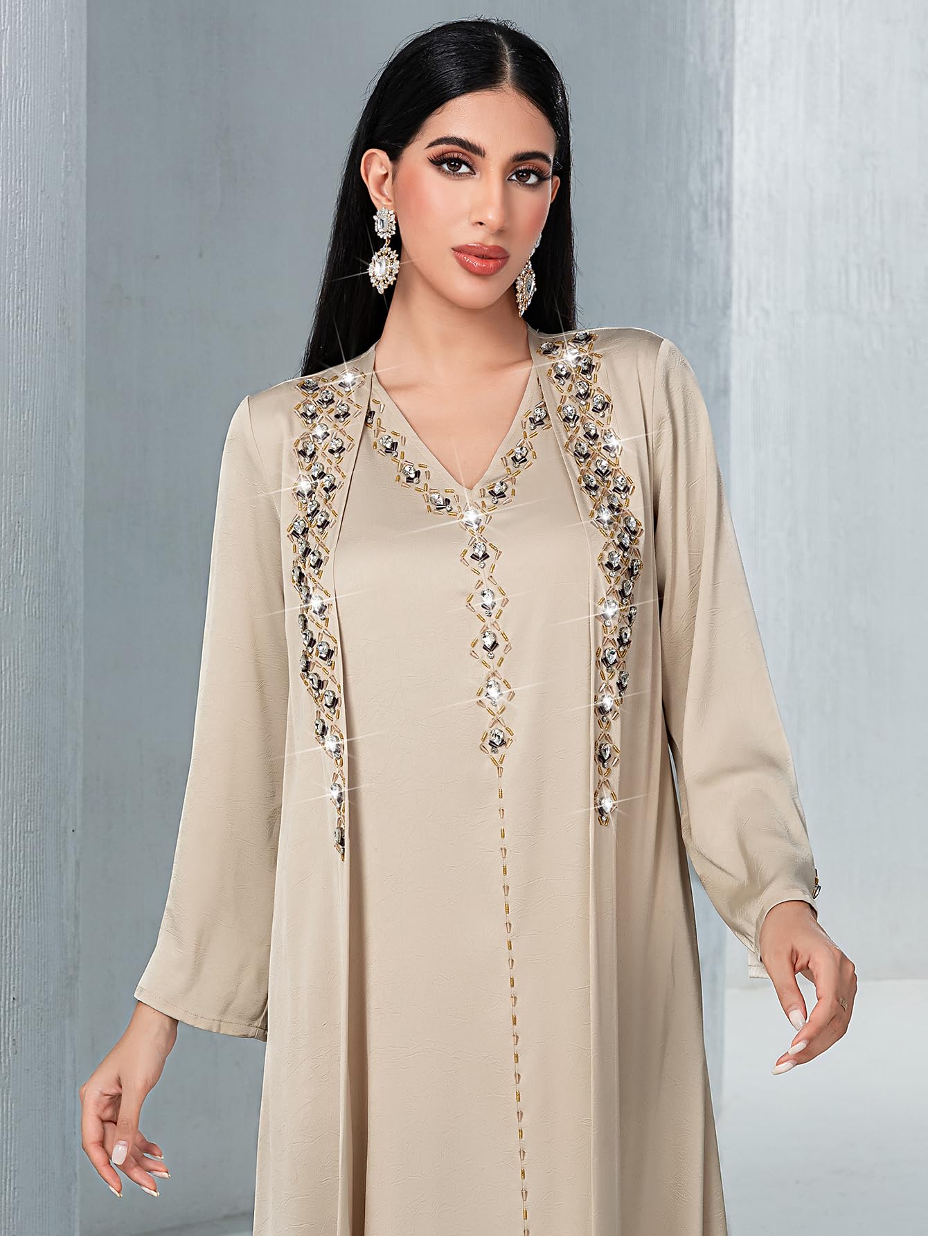 Photo 1 of Elegant 2PC Muslim Abaya Dress for Women, Modest Long Sleeve Open Abaya,Abayas for Women Ideal for Special Events (Apricot, Large)