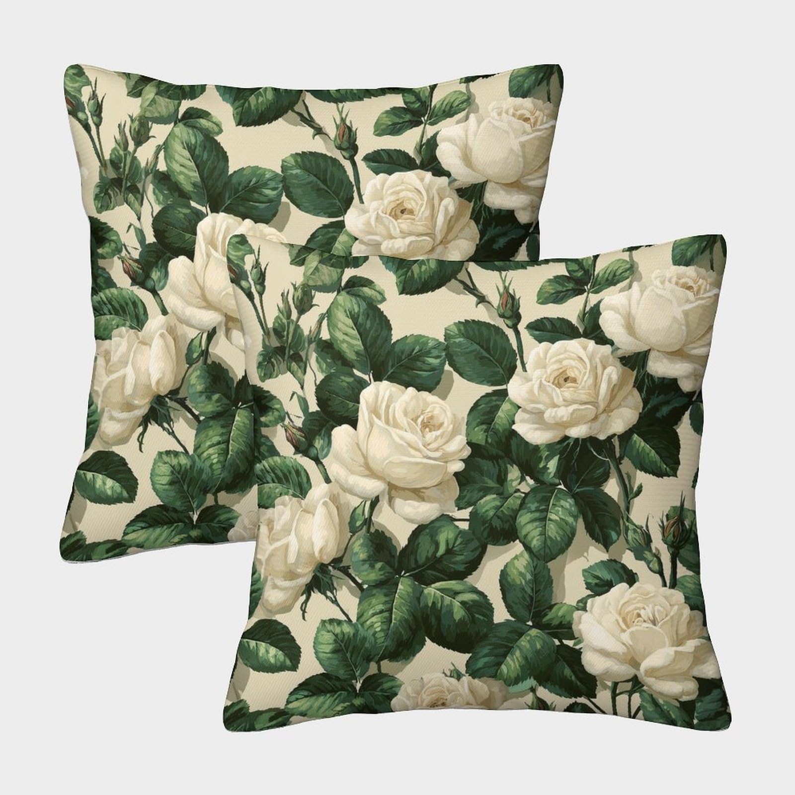 kaiyun 2 Pack White Roses And Green Leaves Pillow Case Home Decoration Sofa Cushion Cover 50x50cm