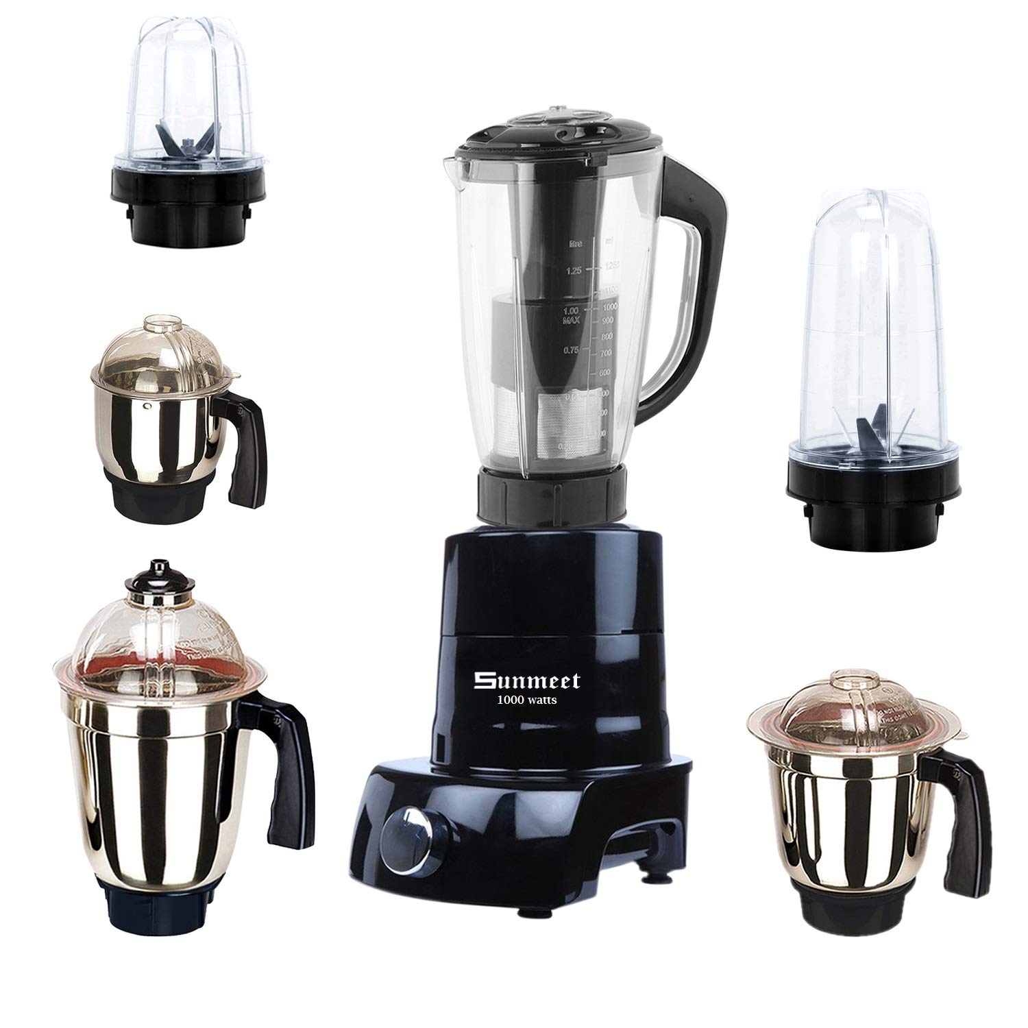 Sunmeet Black Color 1000Watts Mixer Juicer Grinder with 6 Jar (2 Bullet Jar, 1 Juicer Jar with Filter, 1 Large Jar, 1 Medium Jar and 1 Chutney Jar) TAN20-SUN-225