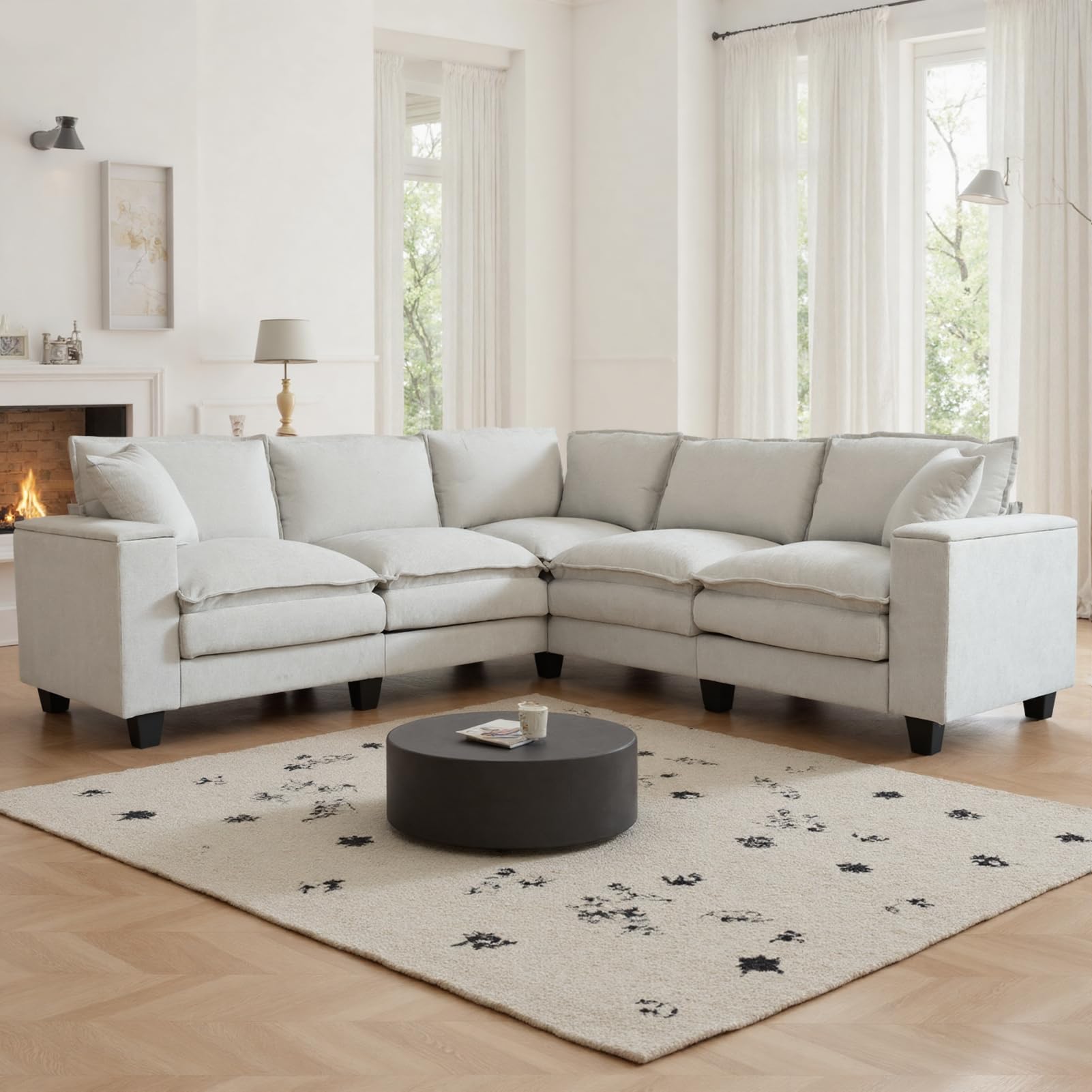 97 inch 5 Seater L Shaped Corner Sofa Cloud Couch in beige chenille