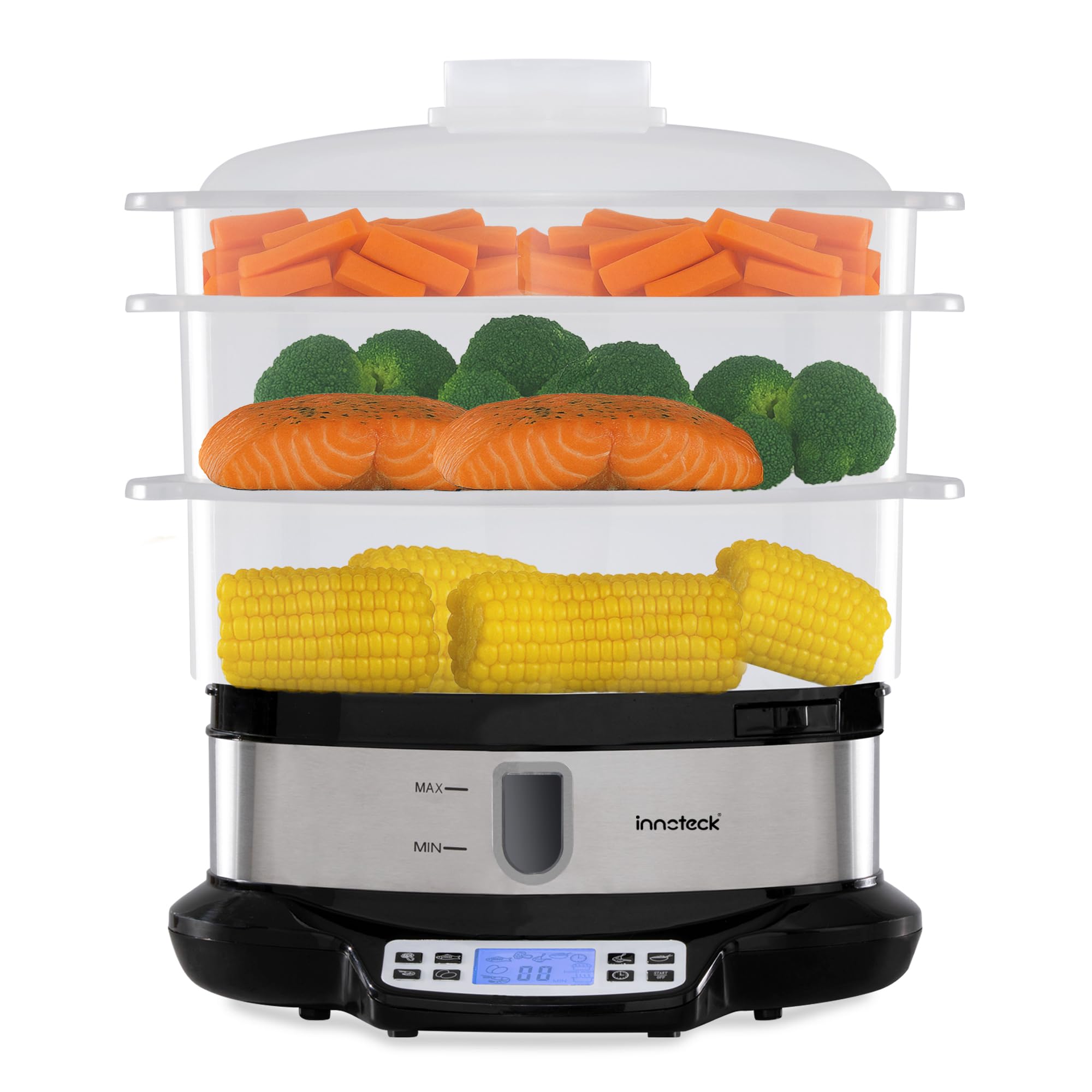 Innoteck Kitchen Pro 3-Tier Steam Cooker with Digital Timer - 9 Litre Cooking Capacity - Electric Vegetable Steamer with BPA Free - Stackable Baskets - 800W 3-Tier