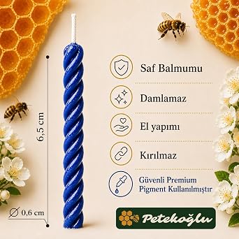 Petekoğlu Balmumu Mum El Yapımı Doğal Küçük Balmumu Pasta Mumları 12 Adet (Mavi)