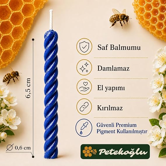 Petekoğlu Balmumu Mum El Yapımı Doğal Küçük Balmumu Pasta Mumları 12 Adet (Mavi)