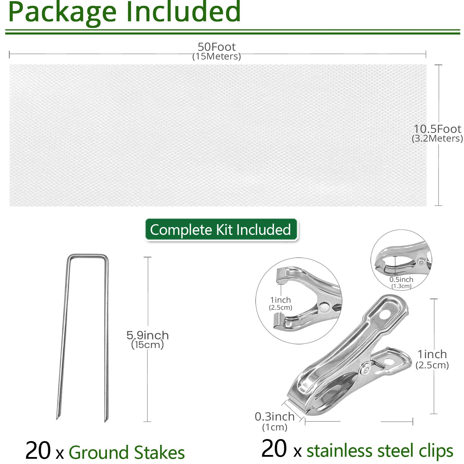 Cubierta para plantas de protección contra heladas de 10.5 pies x 50 pies, manta de congelación de jardín de 1.2 onzas/yd² con clips y estacas para protección de plantas de invierno al aire libre