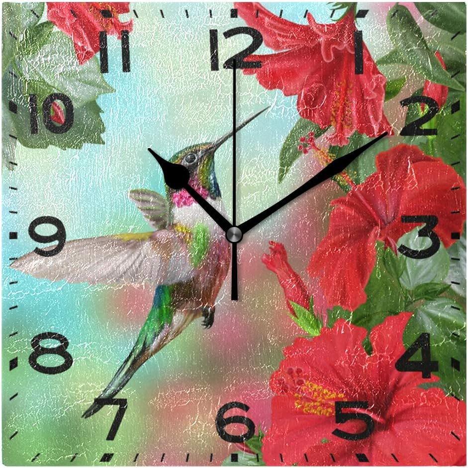 Naanle 3D Stylish Hummingbird Blossoming Red Hibiscus Flower Print Square Wall Clock Decorative, 8 Inch Battery Operated Quartz Analog Quiet Desk Clock for Home,Office,School