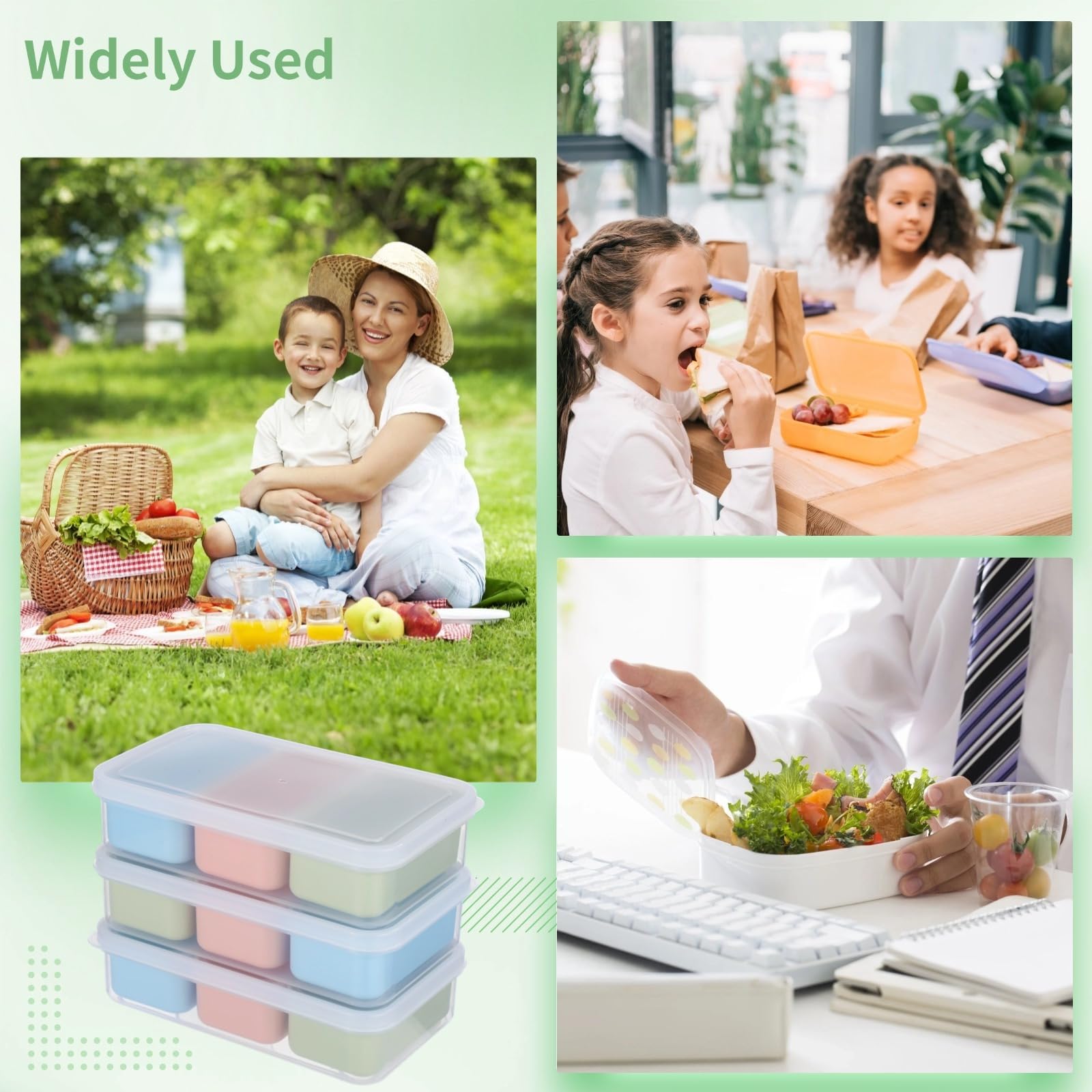 Lot de 4 boîtes à goûter réutilisables avec 3 compartiments, empilables, passent au micro-ondes, au congélateur et au lave-vaisselle