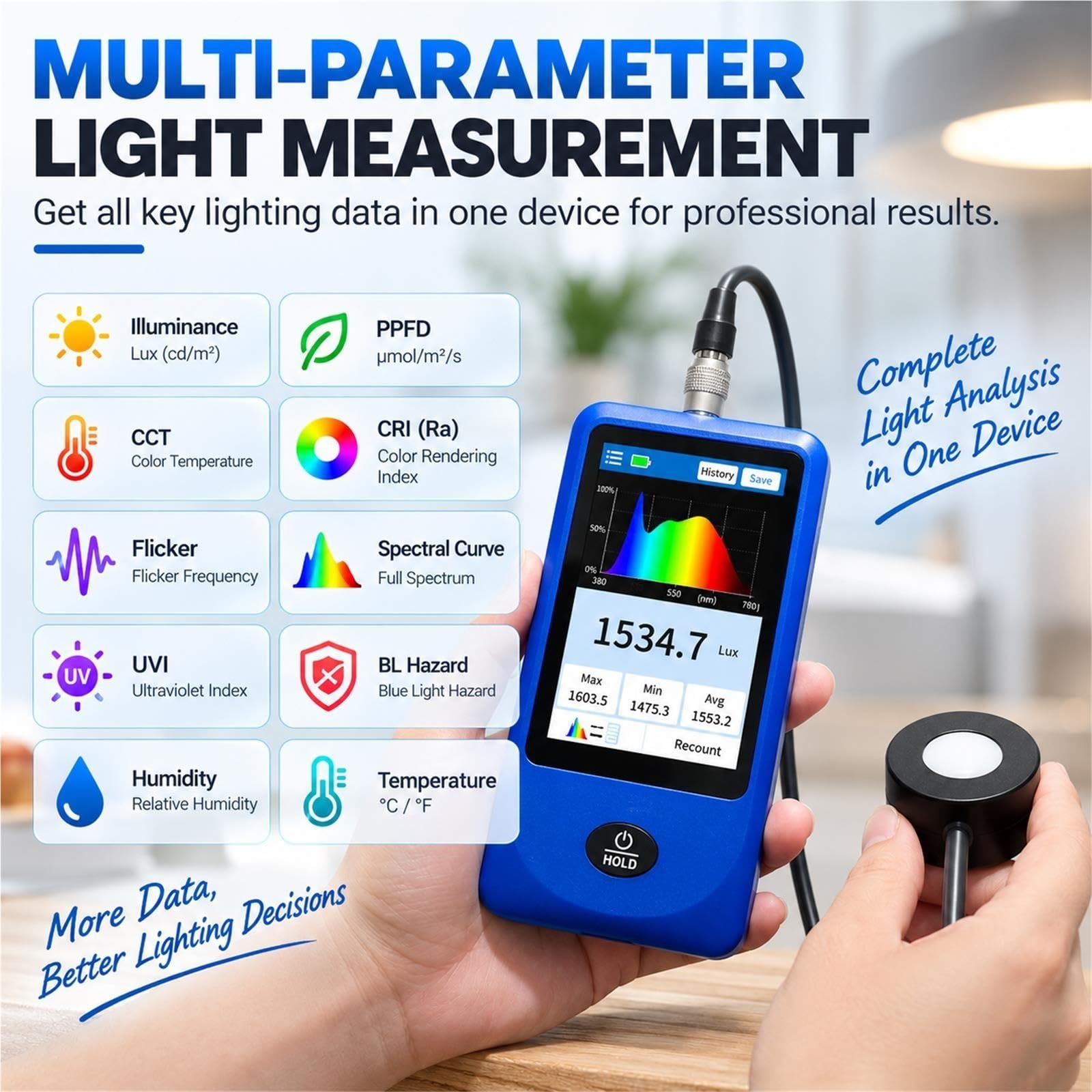 Medidor iluminancia espectral, equipo analítico laboratorio portátil mano