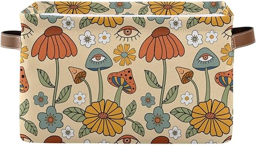xigua Cesta de almacenamiento plegable con diseño de ojos de hongos, canasta de almacenamiento de lona impermeable con asas de cuero para armarios