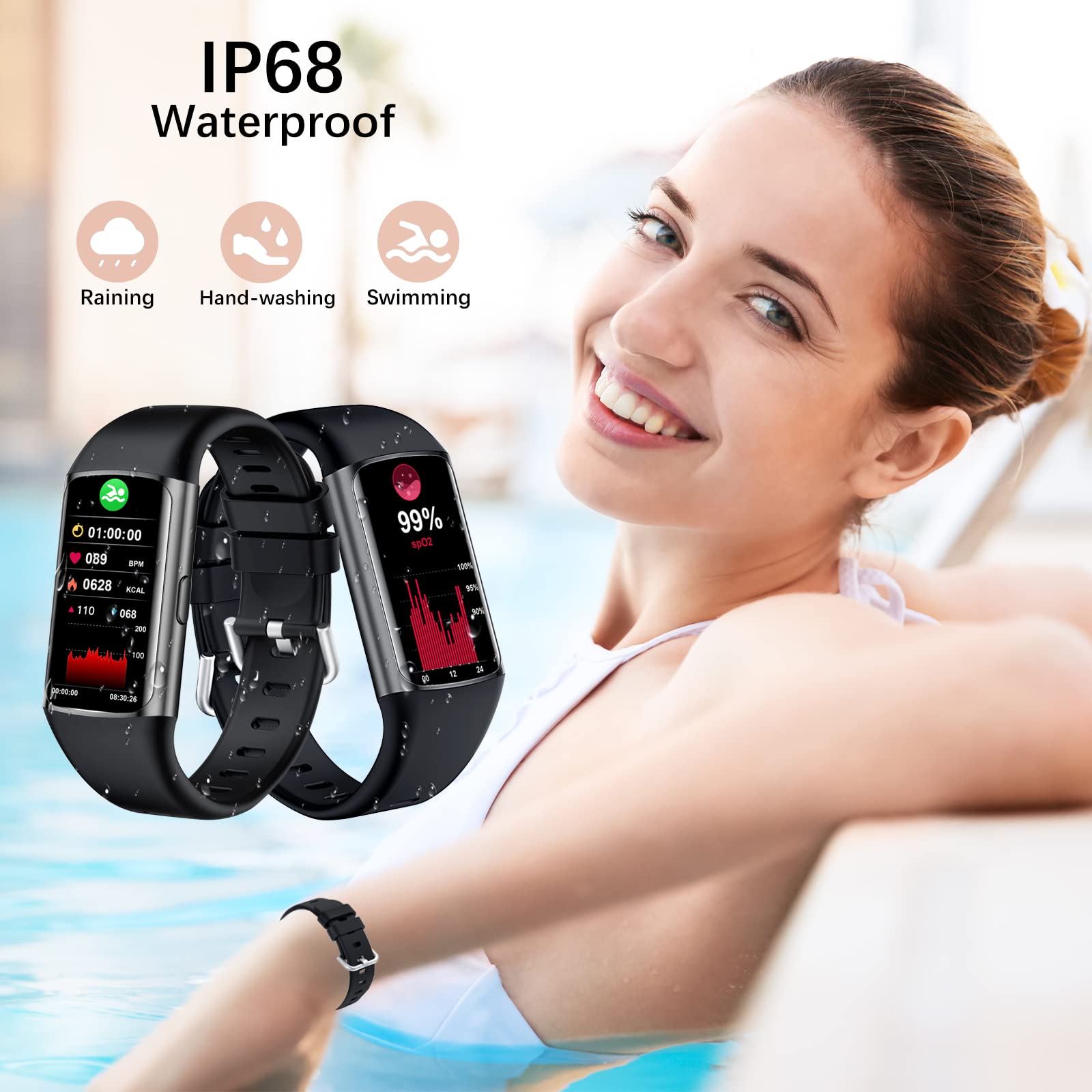Smartwatch da donna, uomo, 1,47", touch screen, con frequenza cardiaca, ossimetro, podometro, colorato, sonno, impermeabile IP68, per Android iOS (nero)