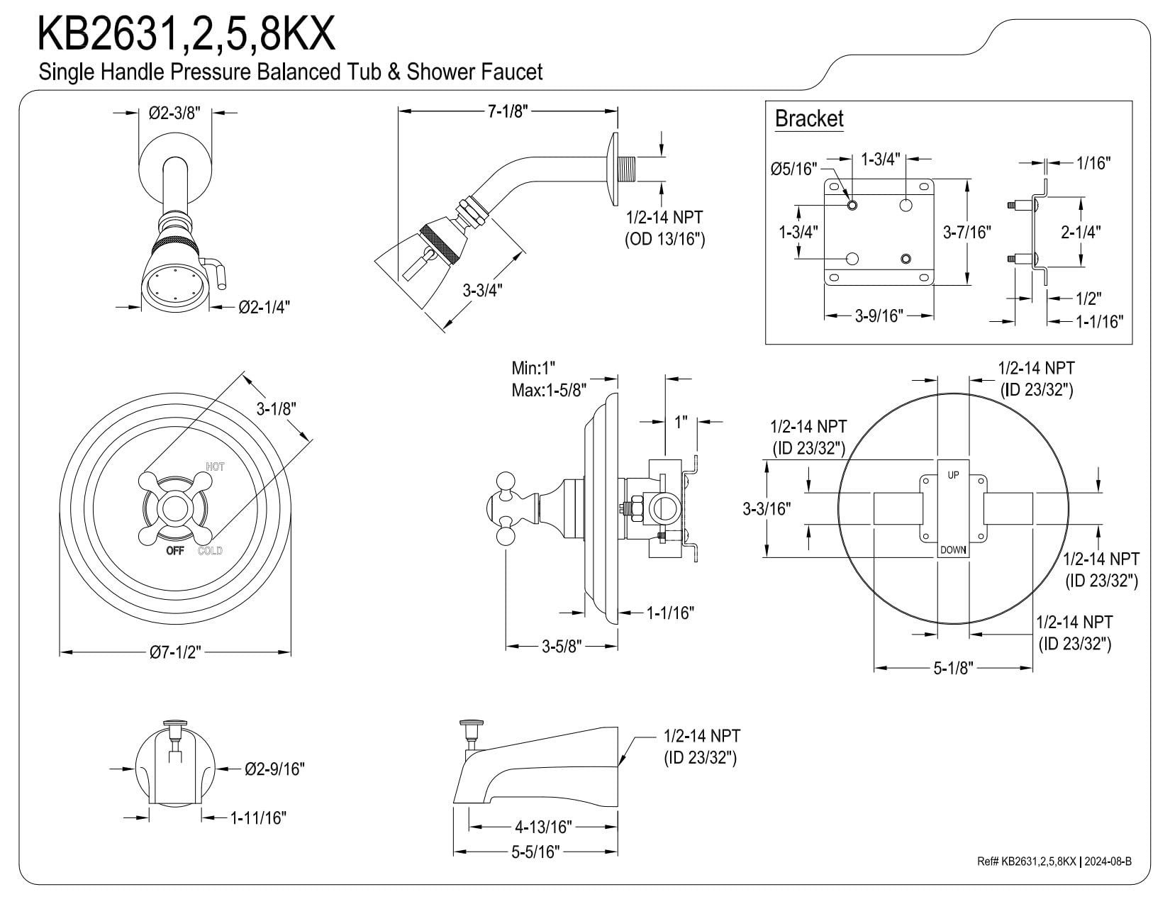 Kingston Brass KB2632KX Tub and Shower Faucet, Polished Brass
