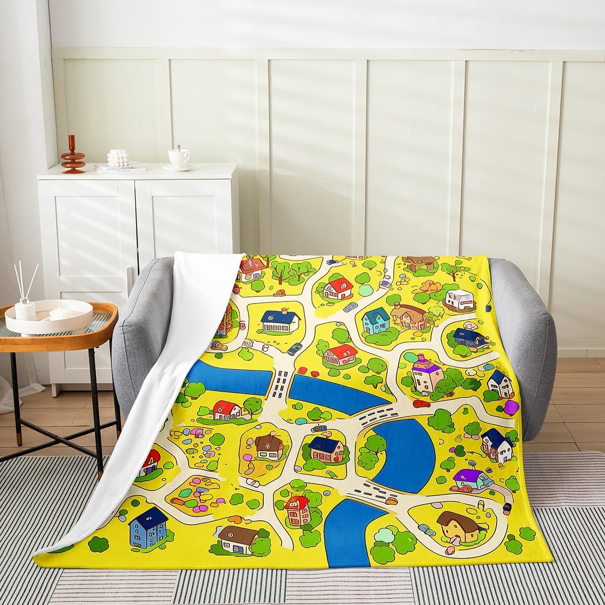 Cartoon Cars Fleece Blanket,Cute Bus Taxi Truck Graffiti Blue Bed Blanket for Kids Teens,Traffic Vehicles Geometric Lines Flannel Blanket for Room Decor,Queen 90"x90"