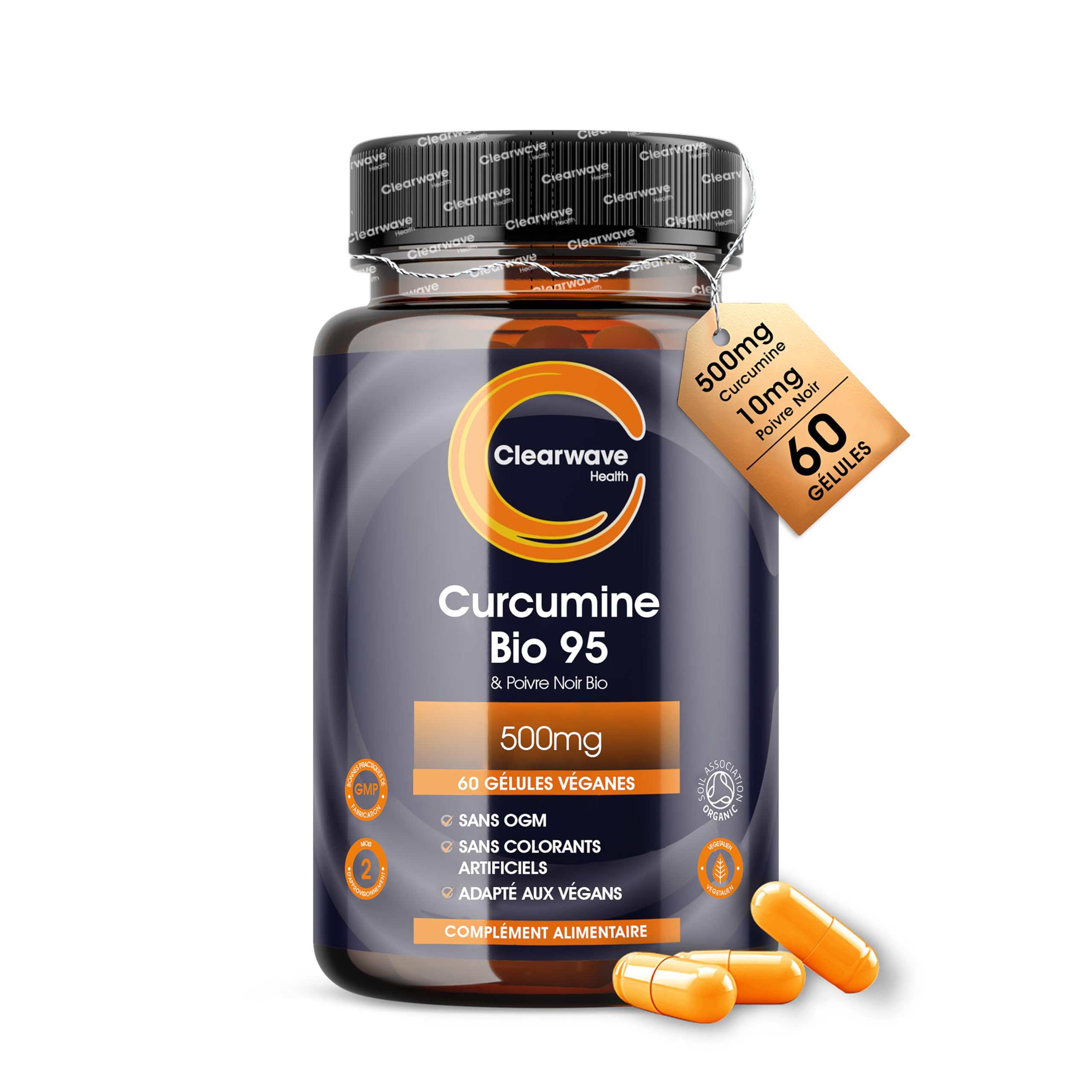 Curcumine Bio 95 | Curcuma Bio Gélule Haute Dose 500mg | 95% Curcuminoïdes & 10mg Poivre Noir Bio | 60 Gélules Véganes | Par Clearwave Health
