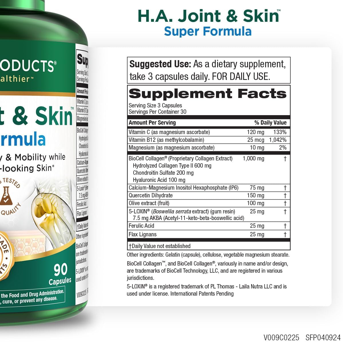Purity Products H.A. Joint and Skin Super Formula Biocell Collagen w/Hyaluronic Acid Supports Healthy Joint Flexibility, Healthy Synovial Fluid, and Lubrication - 5-Loxin - 90 Capsules (1)