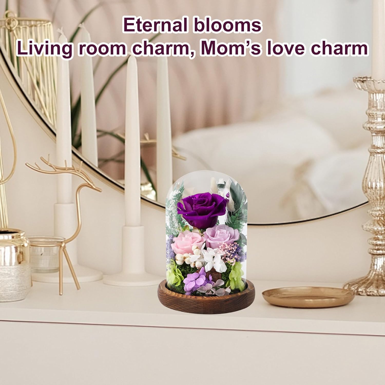 Preserved Flowers in Glass Dome, Forever Flower, Eternal Flowers, Birthday Gifts for Women, Gifts for Mom Girlfriend Her Friendship, Home Decor Living Room Bedroom (Mauve)