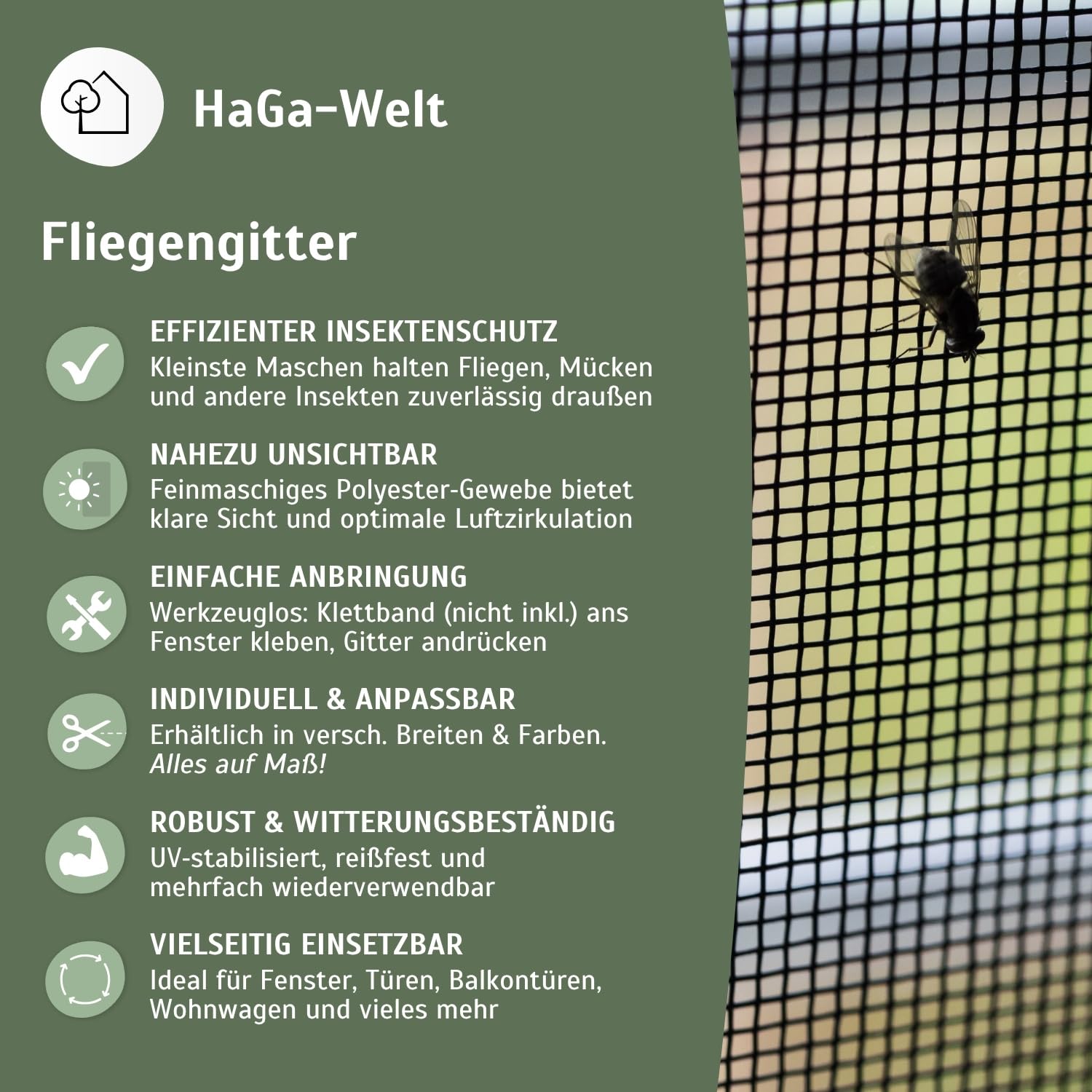 HaGa Fliegengitter 150cm Breite x 10m Länge – Insektenschutz Fenster – Reißfest, UV-beständig, Zuschneidbar 100% PES – Moskitonetz & Mückenschutz – Fliegennetz