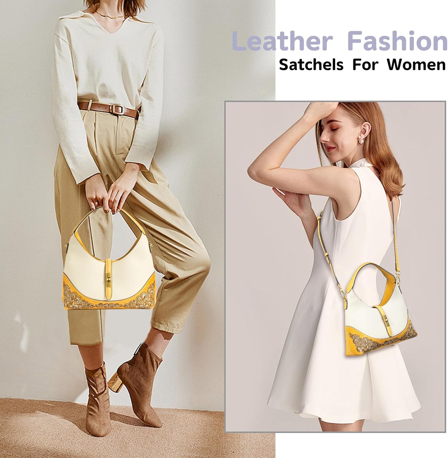 Leather Shoulder Bag for Women & Adjustable Crossbody with Hand-Carved Auspicious motifs with Zipper Closure Tote Handbag Under the Arm Purses - Image 2