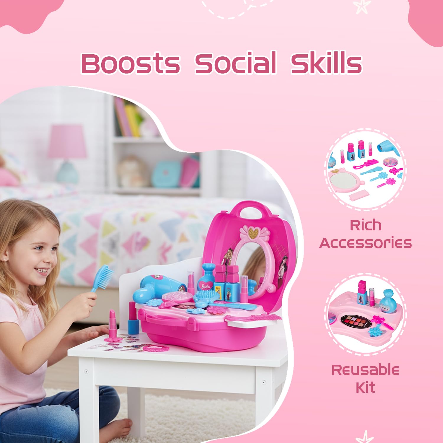 Amazon Brand Jam & Honey Barbie Makeup Kit for Girls, BIS Safe for Kids, Pretend Play Beauty Set with Toy Makeup Accessories, Portable Suitcase Vanity Kit for Kids Age 3+ Years, Non Toxic 2