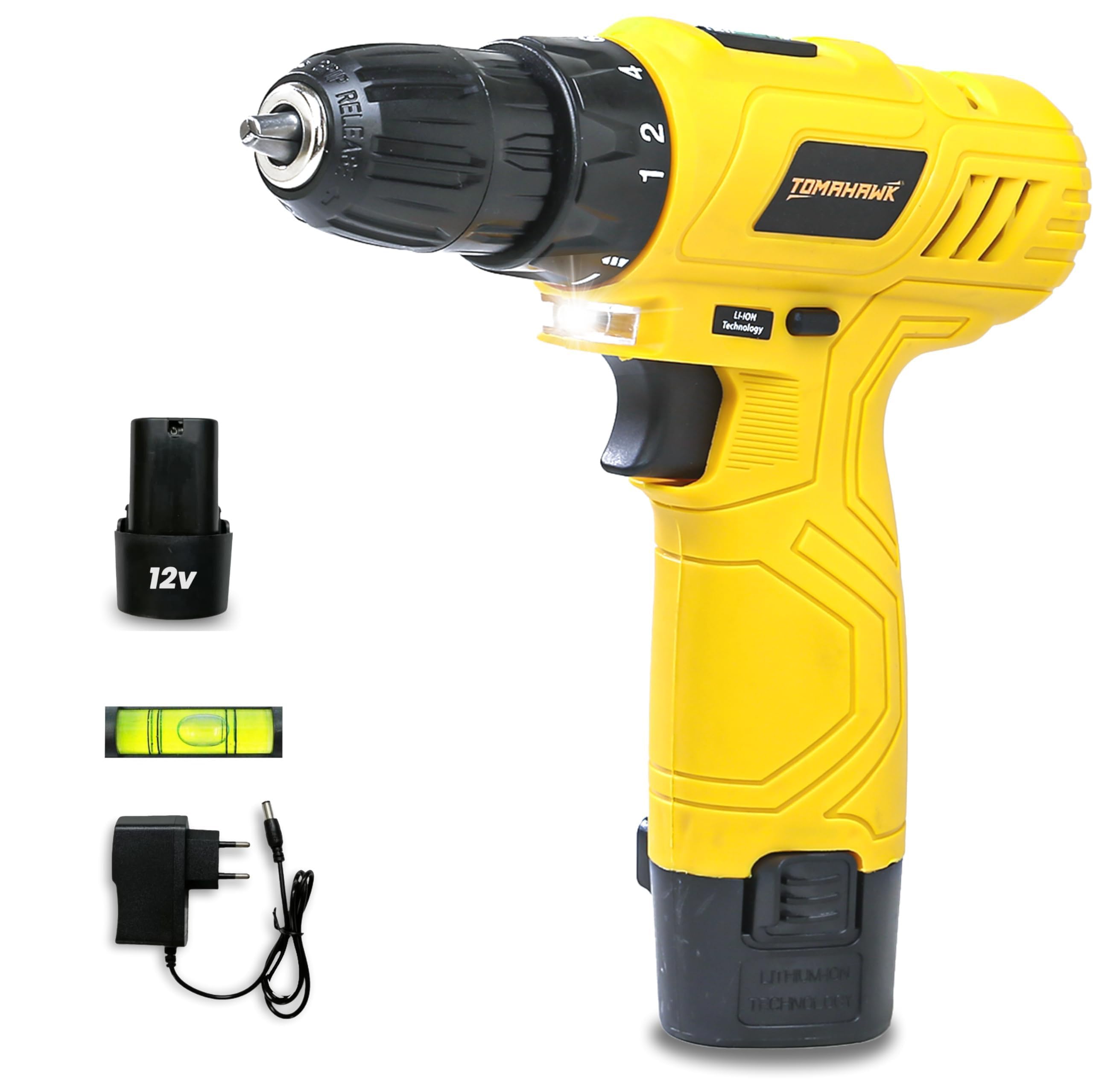 Tomahawk DMS-3100 12V Cordless Drill/Screwdriver | 10mm Keyless Chuck | 1-Speed | Double Battery | LED Light, Spirit Level, 24Nm Torque | For Home, DIY, Wood, Metal & Plastic Drilling