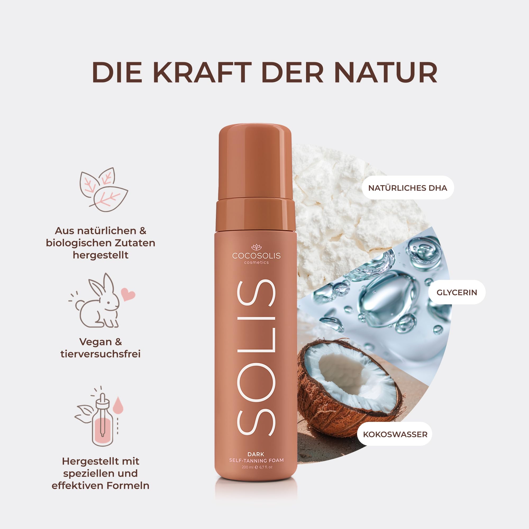 COCOSOLIS SOLIS Dark Selbstbräuner für Gesicht und Körper, Mousse für satte natürliche und langanhaltende Bräune, mit pflanzlichem DHA
