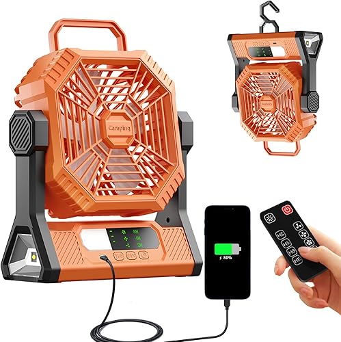 VVU&CCO Ventilador de mesa portátil para acampar con linterna LED, batería recargable de 10000 mAh, tiempo de funcionamiento de 30 horas, carga