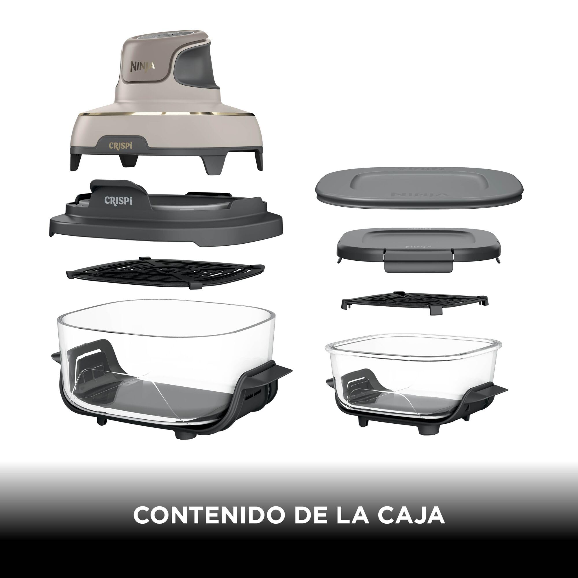 Ninja CRISPi Freidora de aire portátil, 3,8 l, 4 en 1, freír con aire, asar, mantener caliente y gratinar, incluye 2 recipientes de vidrio extraíbles y tapas, piedra dorada, FN101EUSTGD