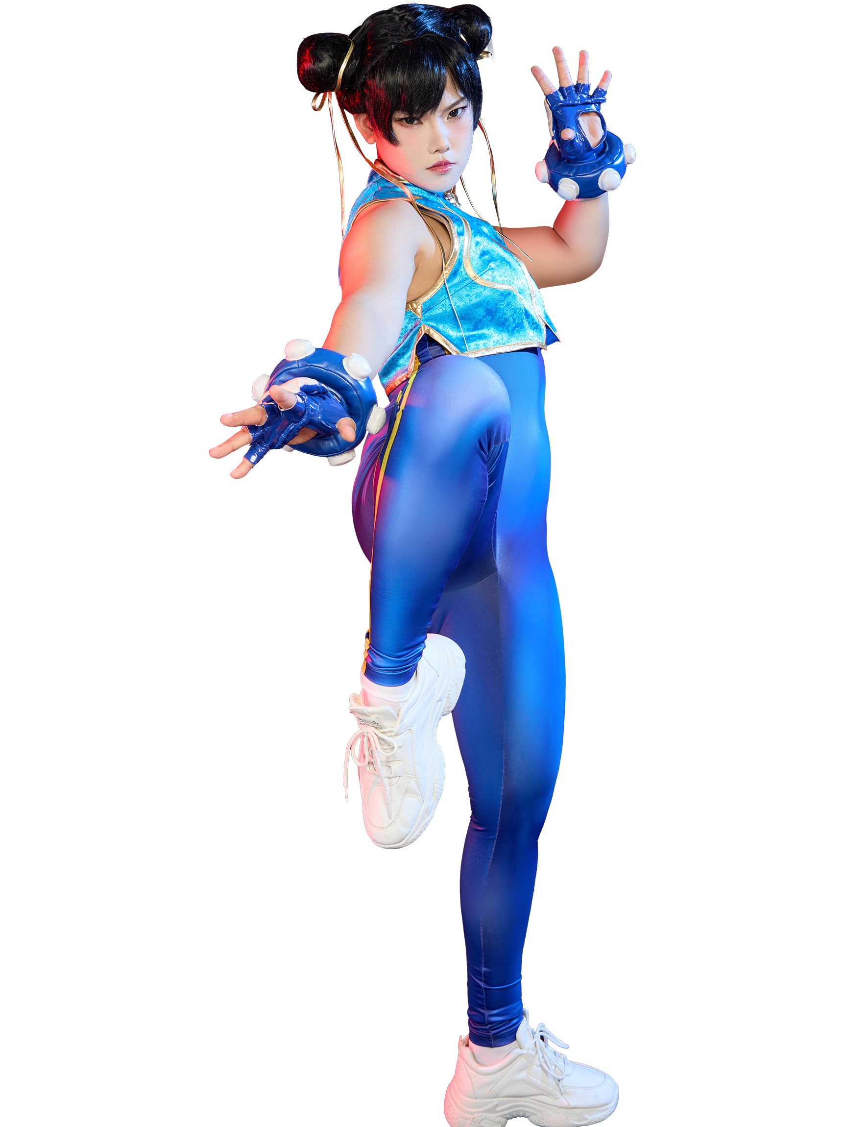 Micotaku Street Fighter Officially Licensed Women's Classic Chun-Li Nostalgia Cosplay Costume Jumpsuit Golden Embroidery Satin Top