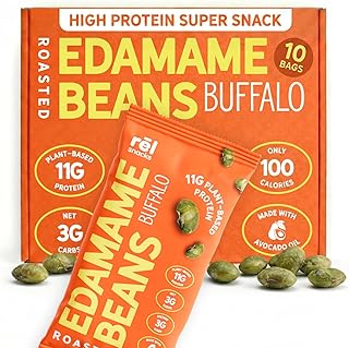 Rel Snacks Buffalo Roasted Edamame – High Protein Low Carb Snack (11g Protein per Serving) – Keto-Friendly, Vegan, Non-GMO – 10-Pack 0.9oz Bags