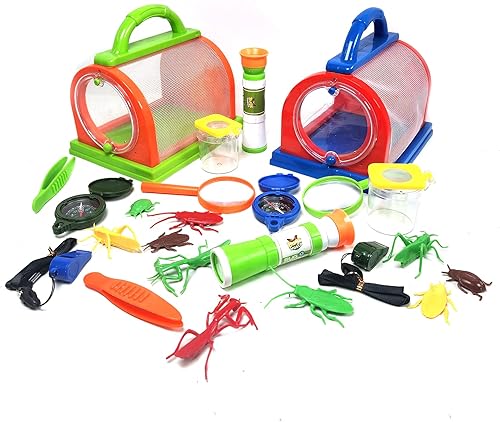 Gosu Toys Critter Cage - Atrapa insectos con juego de herramientas, jaula, pinzas, lupa, brújula, silbato, monocular, tarro de lupa (paquete de 2))
