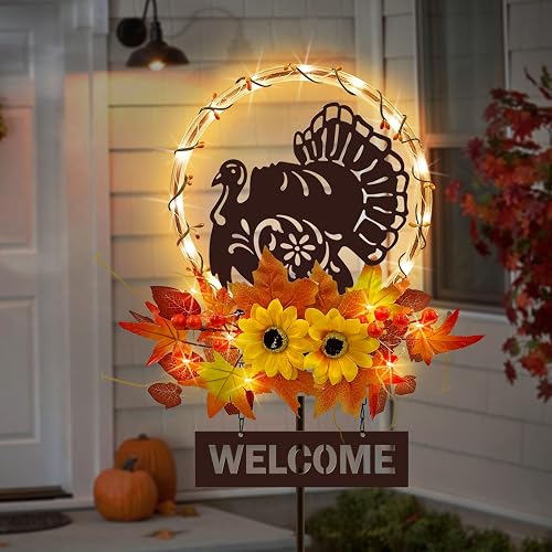 Thanksgiving Turkey with Welcome Sign,Solar Lights Outdoor Fall Decorations |