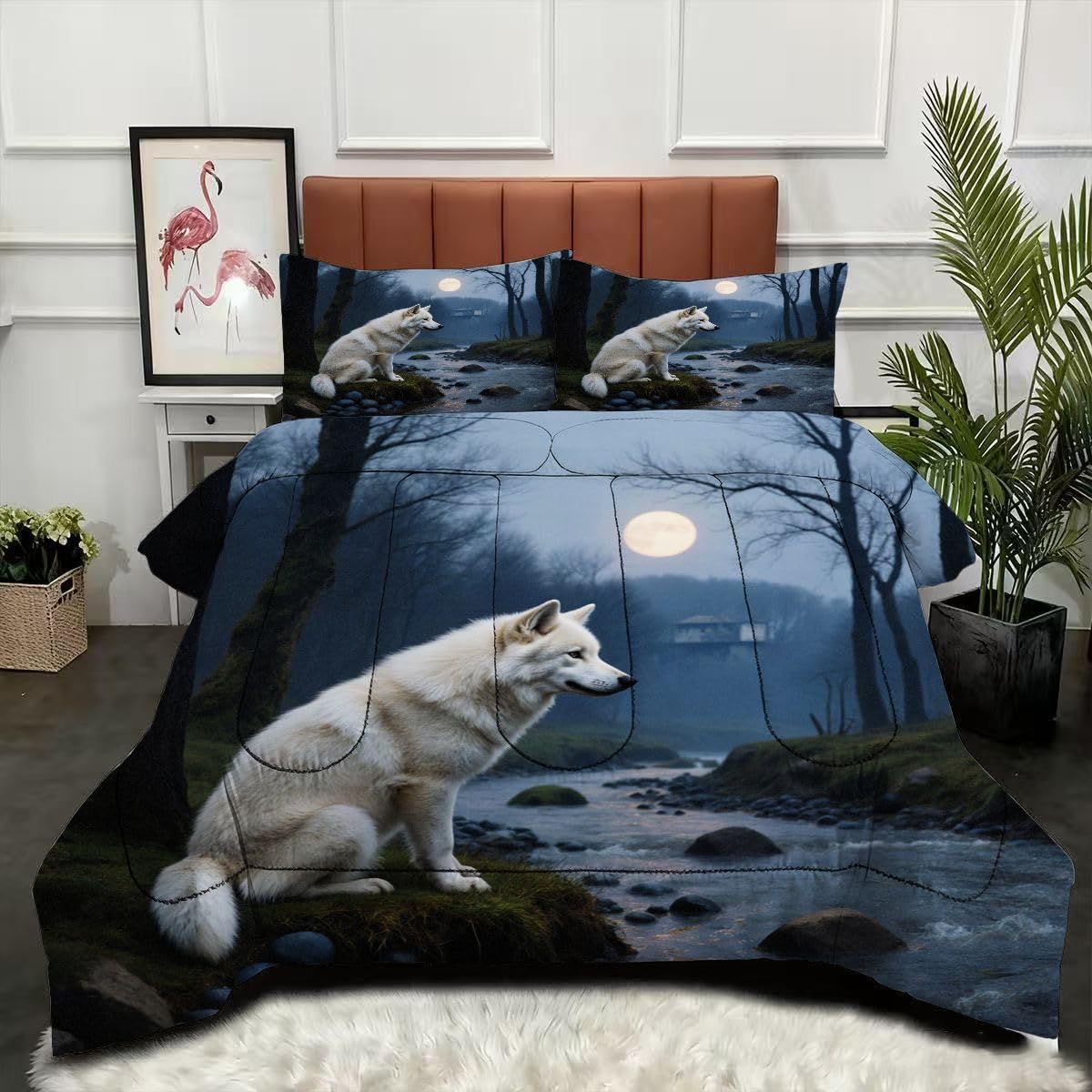 Couette 240 x 260 cm loup avec 2 taies d'oreiller en microfibre pour lit deux personnes