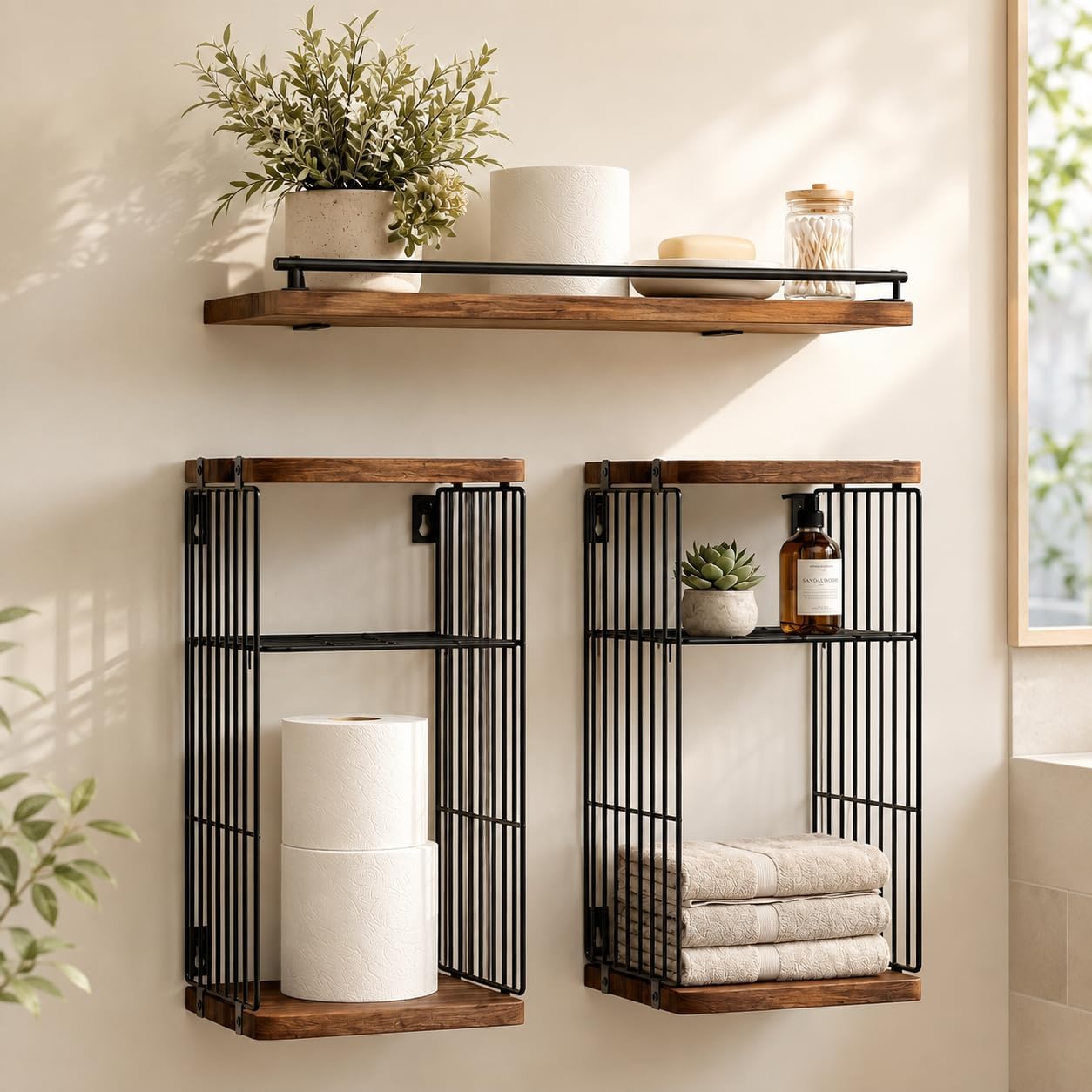RoleDes Floating Shelves for Bathroom,Over Toilet Storage & Wall Organization, Toilet Paper Holder,Rustic Farmhouse Decor 3 Piece Set