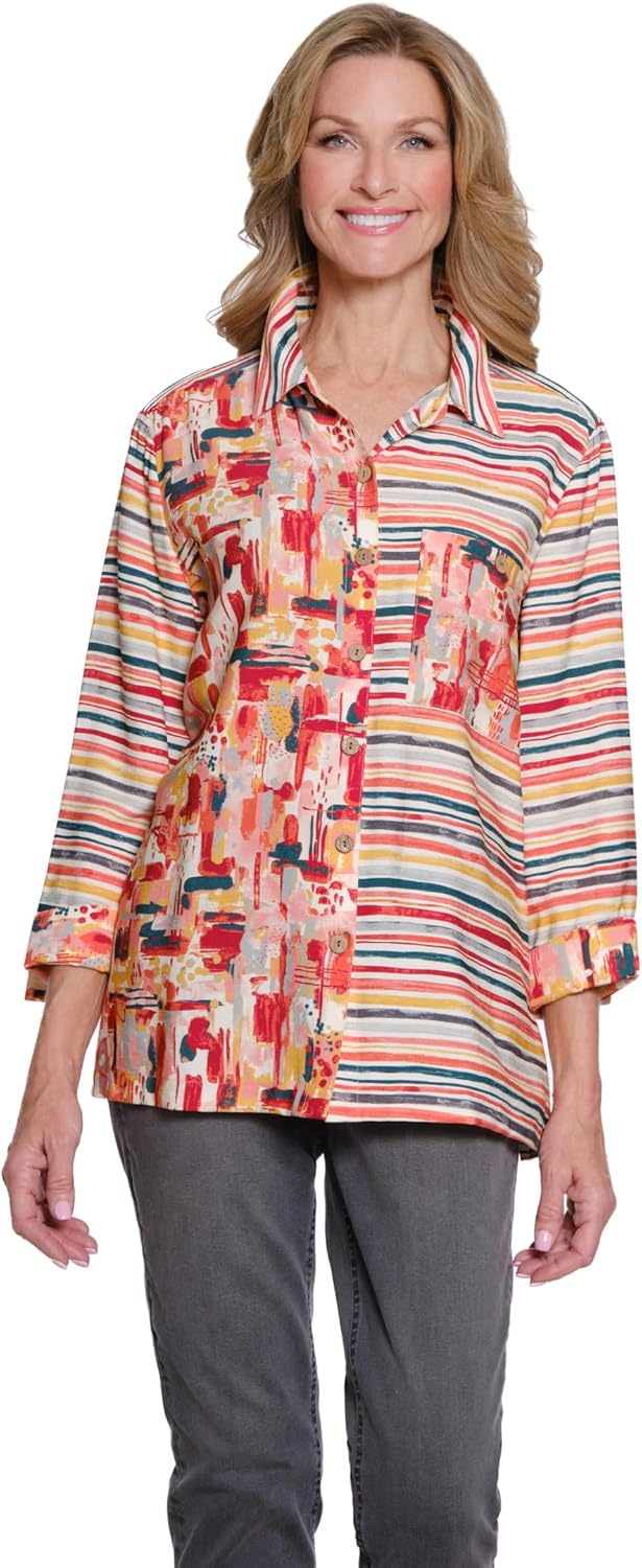 MULTIPLES Women's Turn-Up Cuff Three Quarters Sleeve Button Front 1-Pocket Shirt