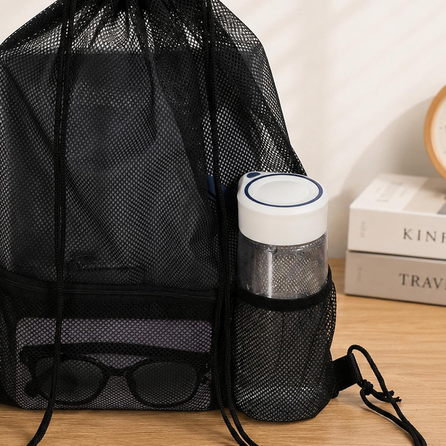 2 Pcs Mesh Drawstring Backpack Bag Heavy Duty Nylon Net Bags with Zipper Pocket Multifunction Mesh Bag Beach Bags for Gym Swimming Beach Toys Clothes
