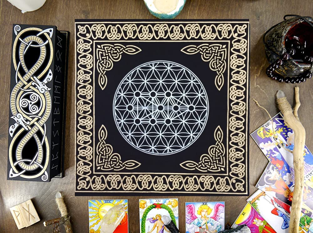 AVA Collections 36x36 Inch Altar Cloth Gold & Silver Printed on Black Cotton Fabric, Handmade Boho Spiritual Cloth for Tarot, Rituals Meditation Witchy Home Decor Table Cover (Geometric)