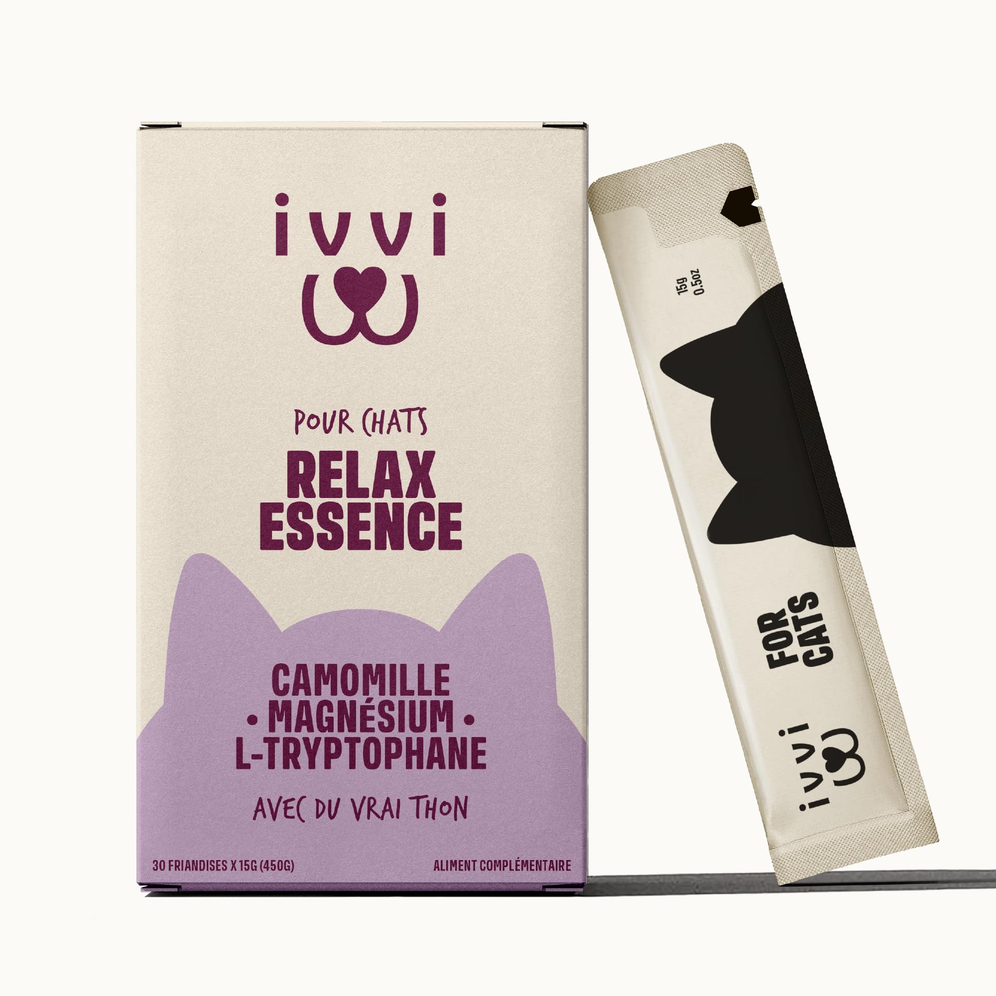 ivvi Calmant pour Chat Relax Essence – Crème à Lécher Anti-Stress Chat avec Camomille, L-Tryptophane & Magnésium – Soutien du Calme et du Bien-Être – 30 x 15g – au Vrai Thon