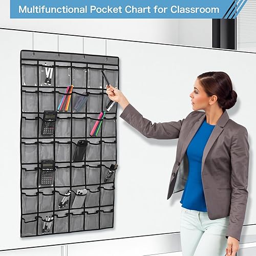 Vista 15 de 36 bolsillos transparentes para el aula para teléfono celular y soporte para calculadora, bolsillo para colgar en la puerta para el aula con Azul-1