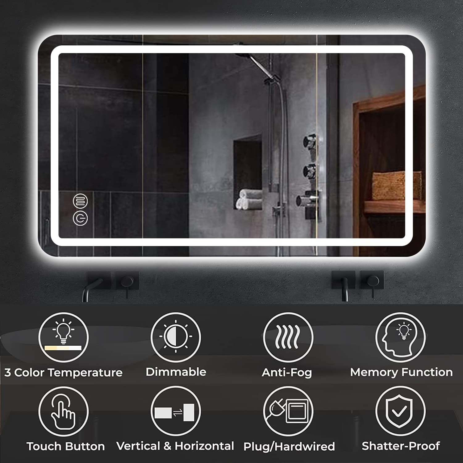 Badspiegel mit Beleuchtung,Spiegel Mit Beleuchtung 120x70cm,LED Badspiegel mit Touch-Schalter,Badezimmerspiegel mit Speicherfunktion,Wandspiegel 3 Farbtemperatur,Horizontal/Vertikal, HD Hartglas