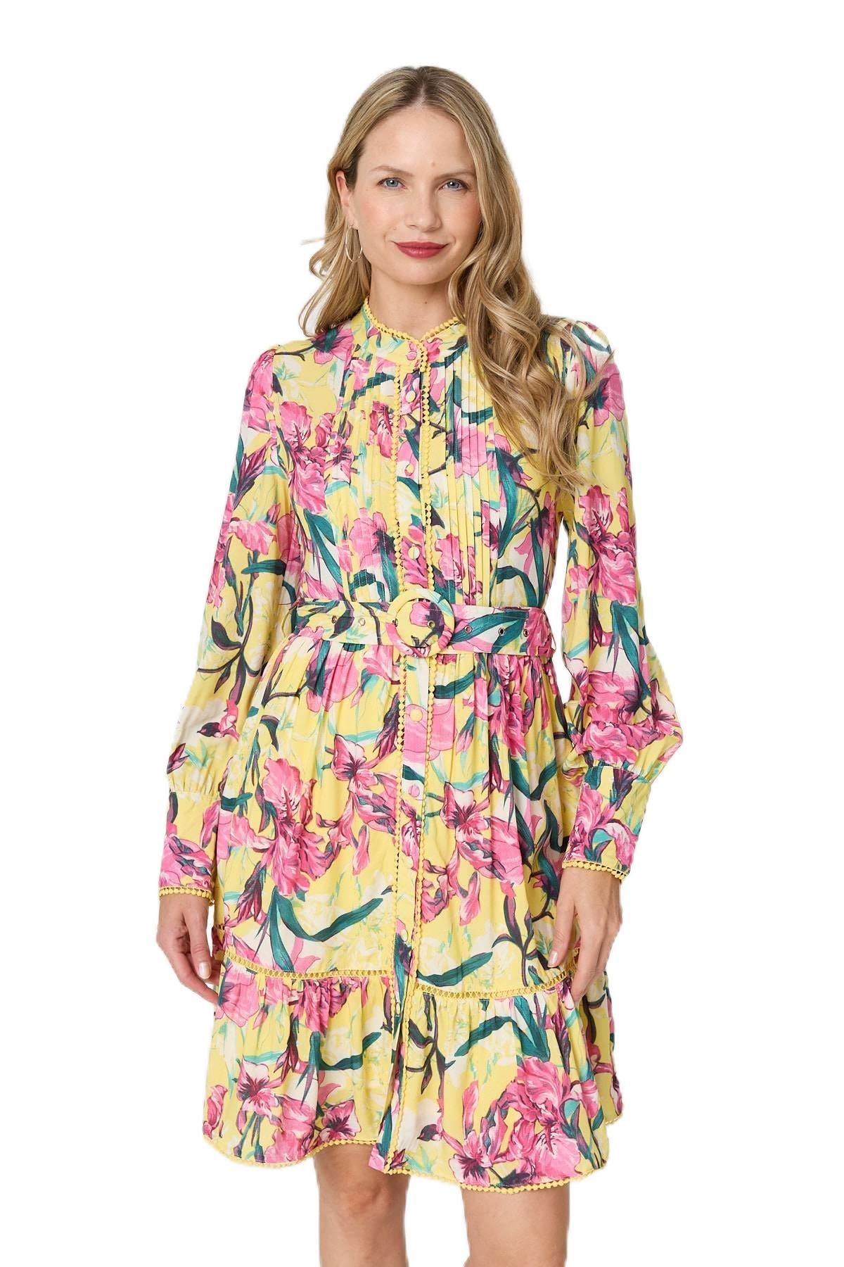 Izabel London Women's Yellow Floral High Neck Long Sleeve Short Dress For Uk With A Belt Detail, Pleats And A Tiered Hem.