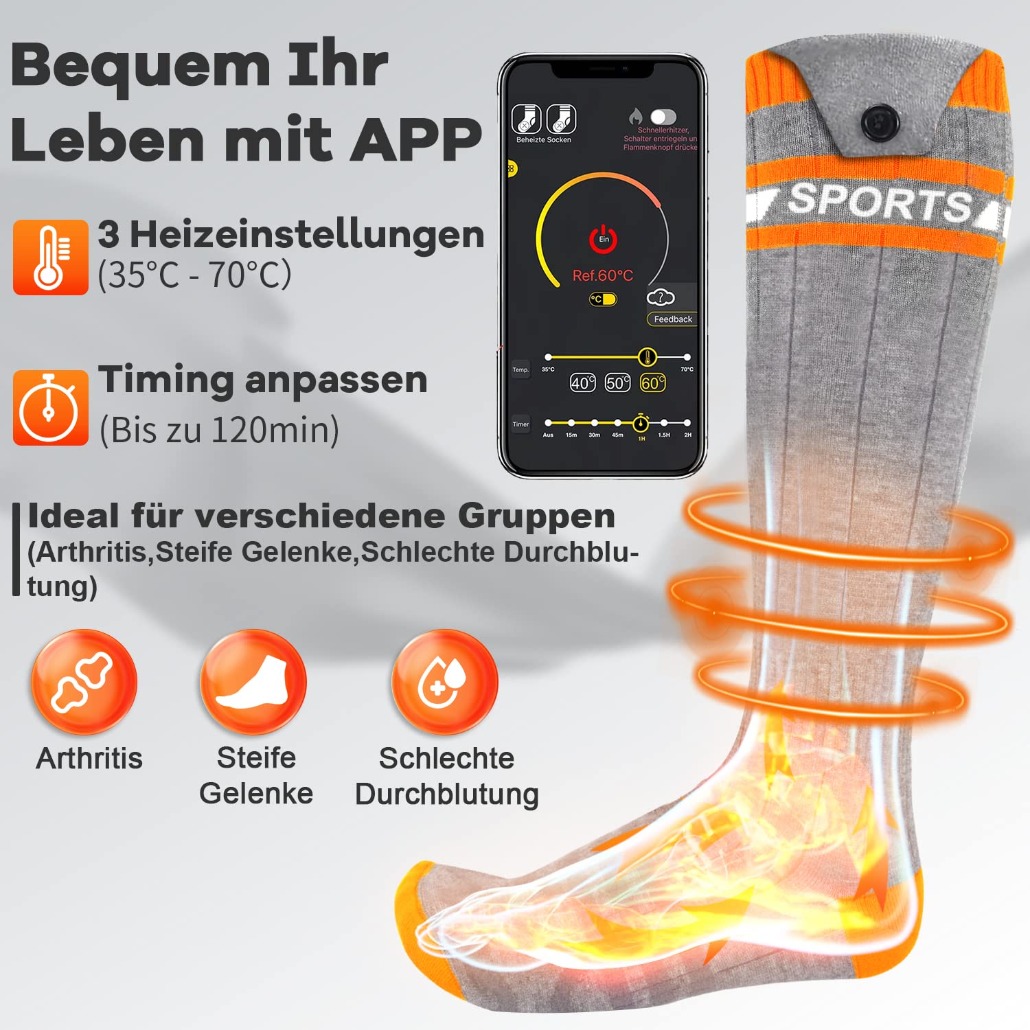 Chaussettes Chauffantes Rechargeables 8000mAh – Contrôle Par App & Bouton, Chauffage Rapide 10s | Pour Ski, Randonnée, Froid - 8