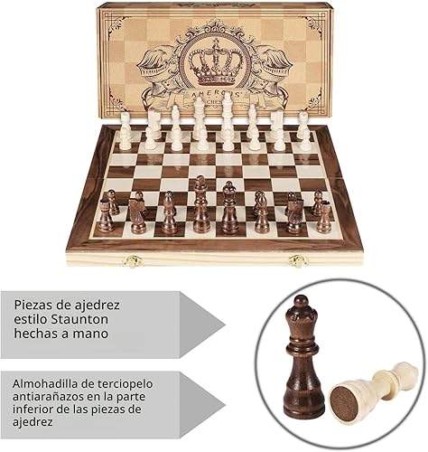 Miniatura 5 de AMEROUS Juego de ajedrez magnético de madera de 15 pulgadas, 2 reinas extra, tablero plegable, ranuras de almacenamiento de piezas, juego de ajedrez