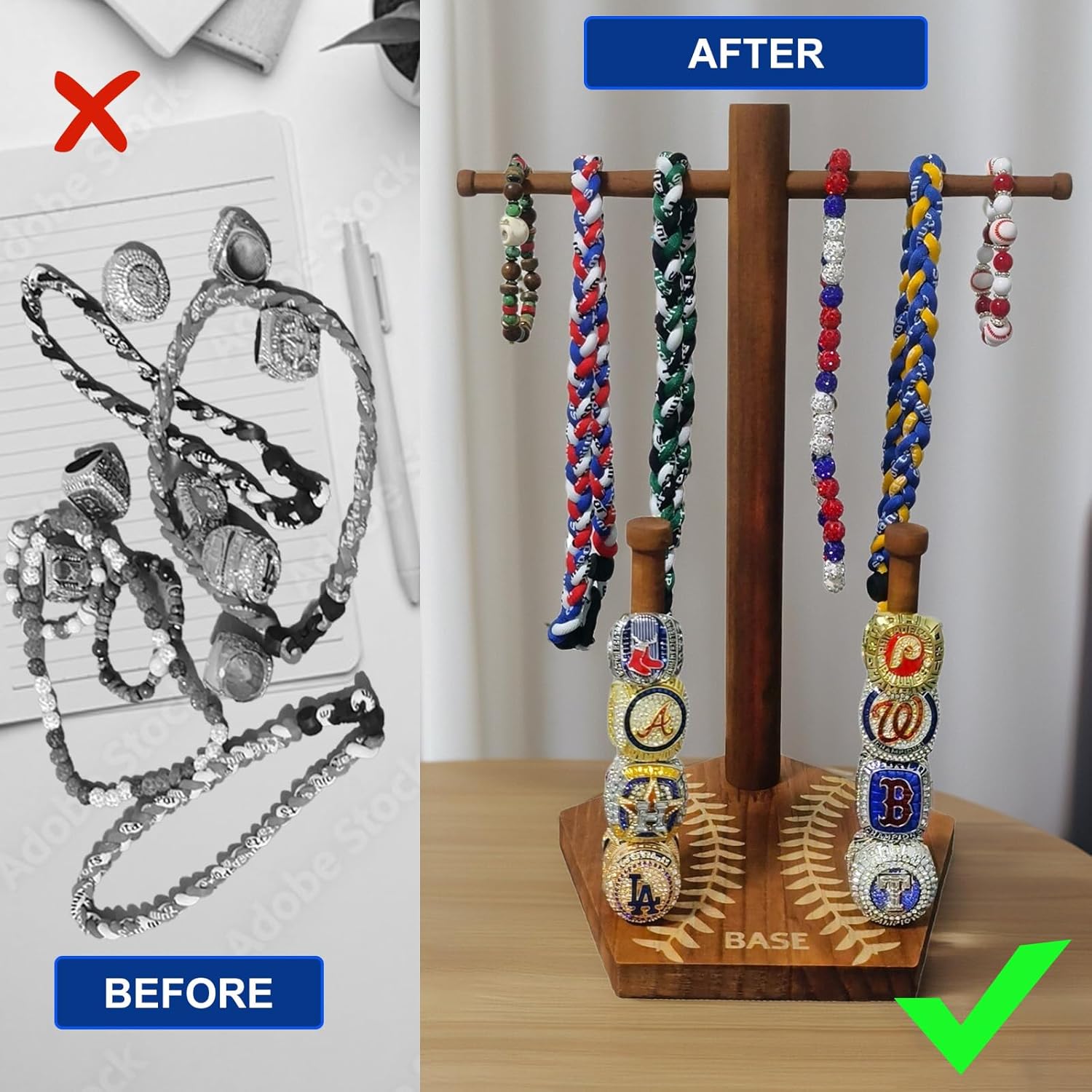 Wooden Baseball Drip Necklace Display Holder, Championship Rings Display Organizer (for ring size 9 or larger), Bonus 50Pcs Baseball Stickers, Greeting Card and Gift Box - Image 2
