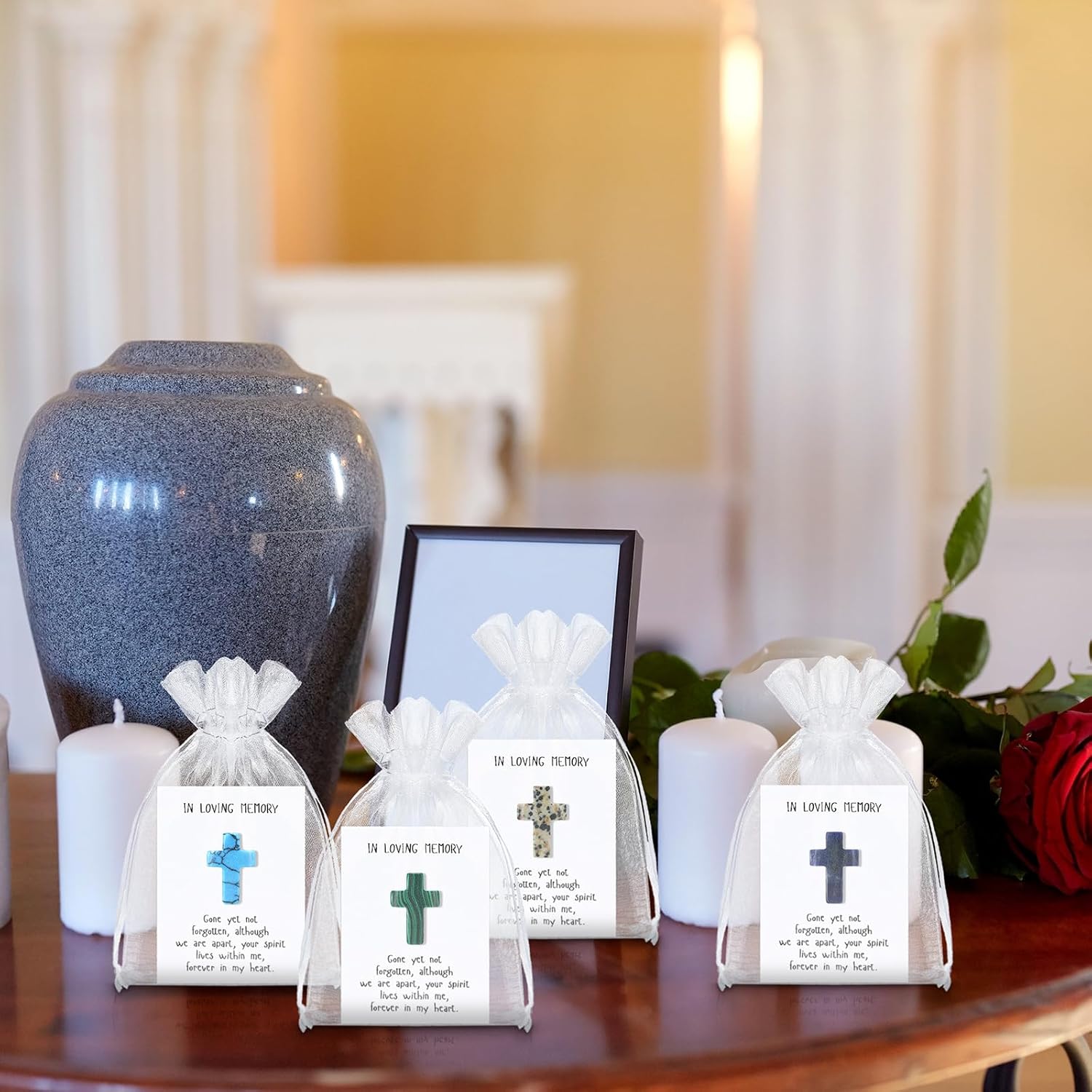 Chunful 50 Sets Celebration of Life Favors Christian Pocket Token Bulk Cards with Cross Crystal Stones White Organza Bags Sympathy Funeral Guest Return Thank You Gifts for Memorial Party Supplies
