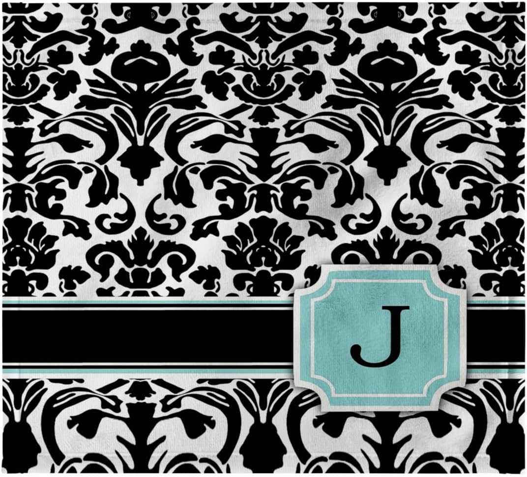 3dRose Letter J Personal Monogrammed Mint Blue Black and White Damask Pattern - Classy Personalized Initial 22x30 Bath Hand Pool Towel