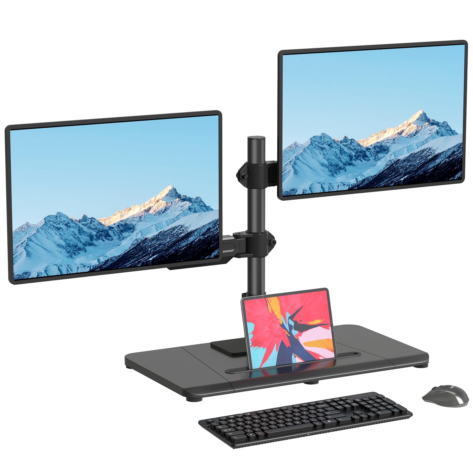 Pholiten Dual Monitor Stand with Wooden Base, Gas Spring Height Adjustable Arms, Each Holds 32 Inch Screen up to 22lbs, VESA Mount 75x75/100x100mm,