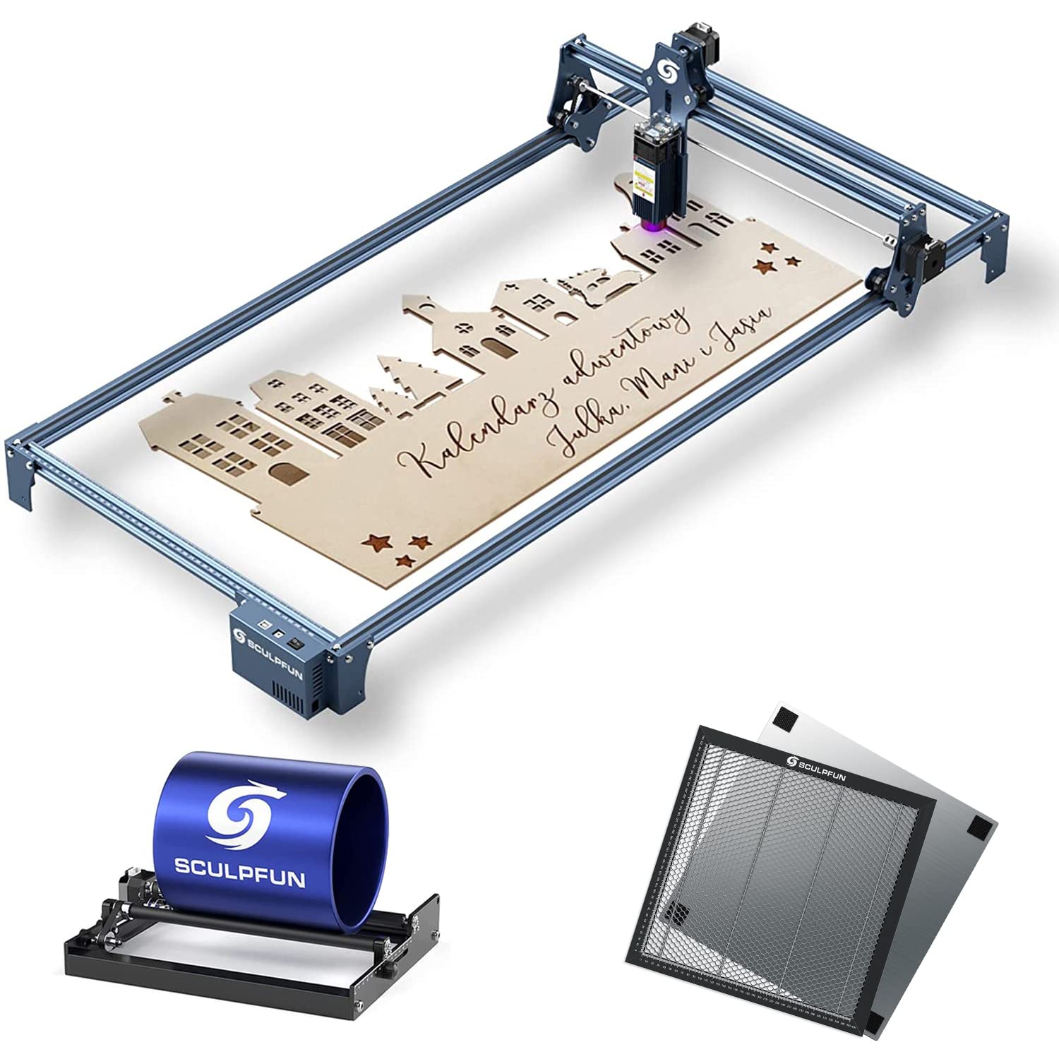 SCULPFUNS9 Pro Plus Laser Engraving Cutting Machine with Expansion Kit 410x950mm, Laser Engraver Rotary Roller for Cylindrical Objects Cans, Honeycomb Working Table 400x400mm Engraver Cutter (4 Pack)