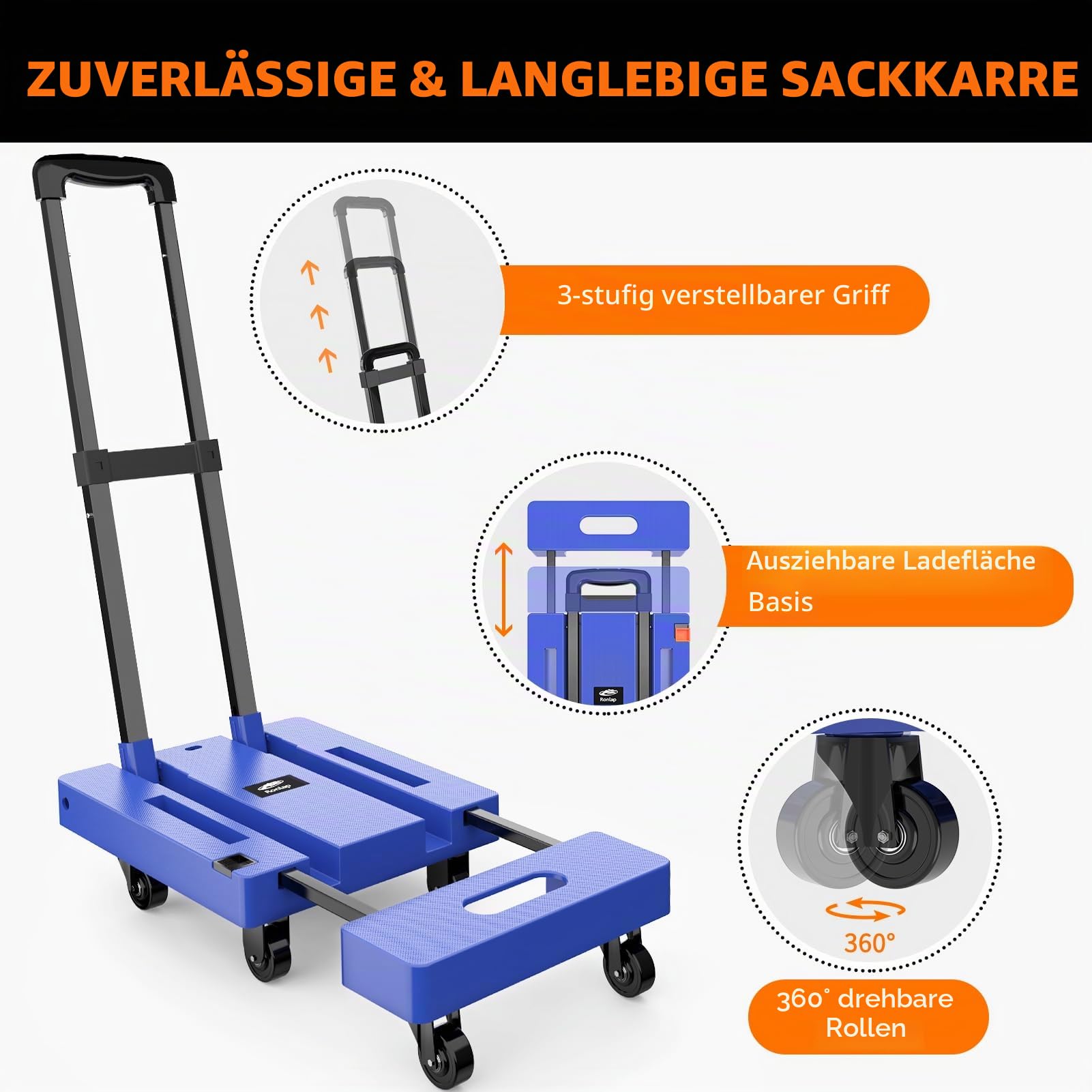 Ronlap Transportkarre Klappbar inkl. 2 Expanderseilen, Faltbar Transportwagen - Tragkraft 225KG Gepäckwagen Lagerwagen mit 6 Räder, Transporthilfer Blau