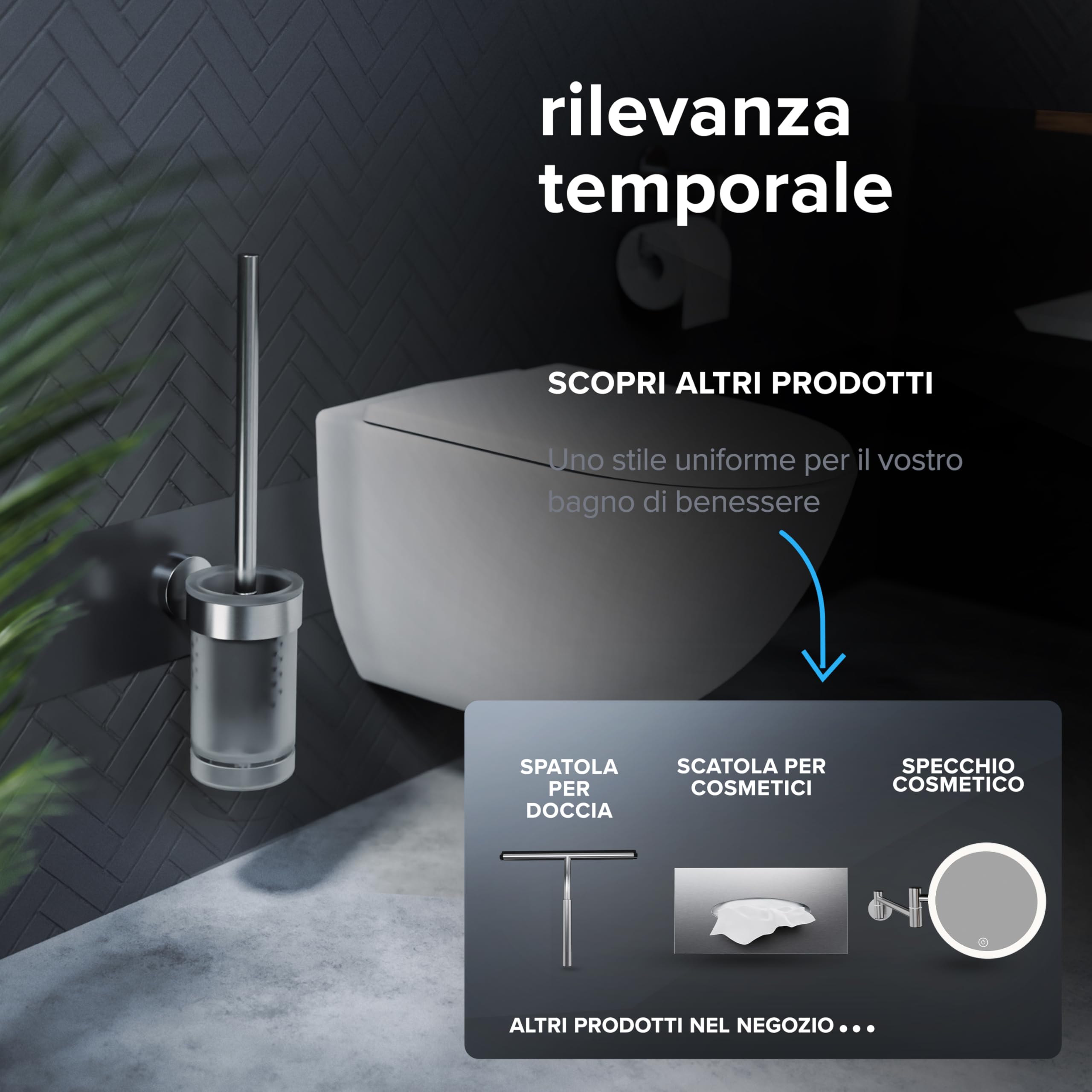 Ovimar Scopino WC | Argento | Montaggio a Parete con Forature | Spazzola per WC in Silicone | Funzione di Ventilazione | Acciaio Inox