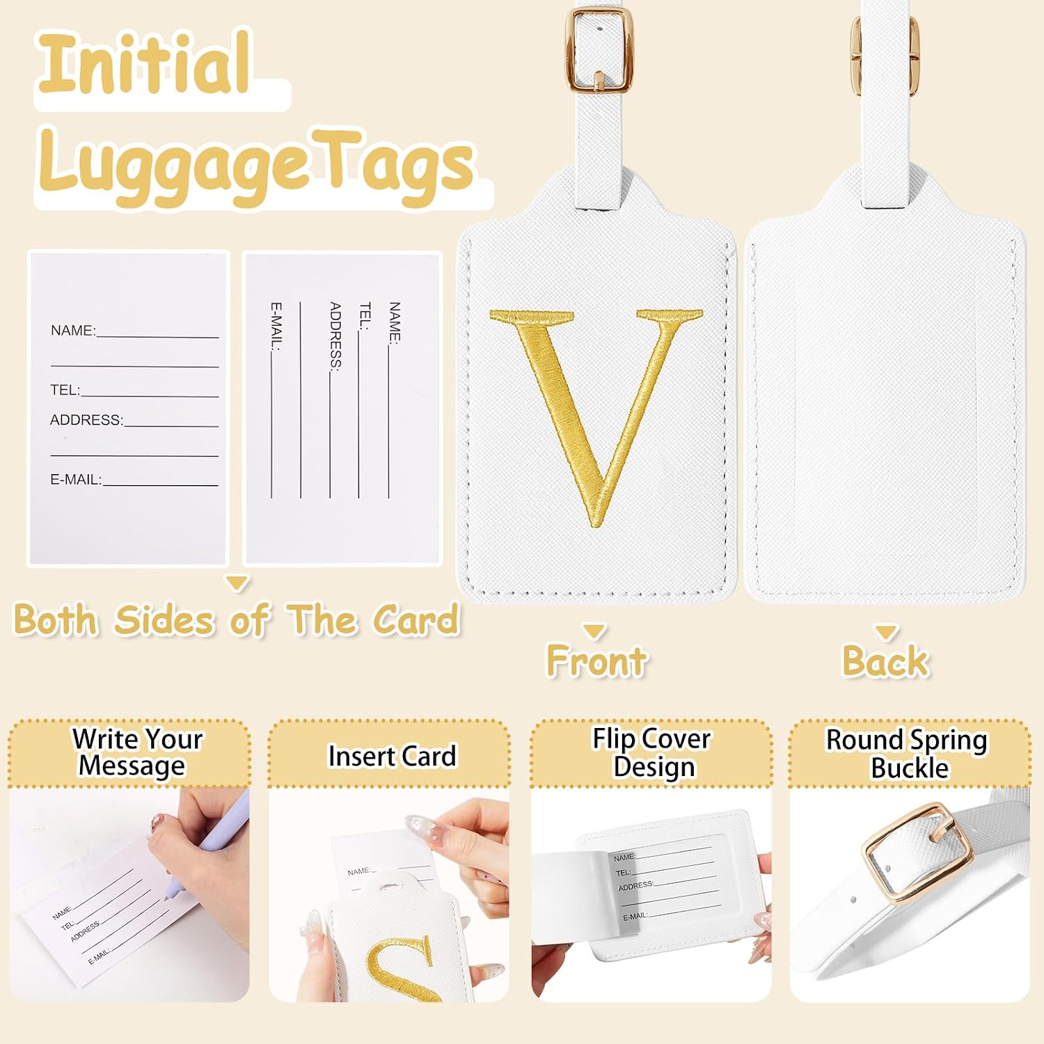 Unique Initial Letter Luggage Tags for Suitcases, Monogrammed Suitcase Luggage Identifier Tag,PU Leather TSA Approved Luggage Tags,Bag Tags for Men Women Kids Luggage Baggage(White V) image 3